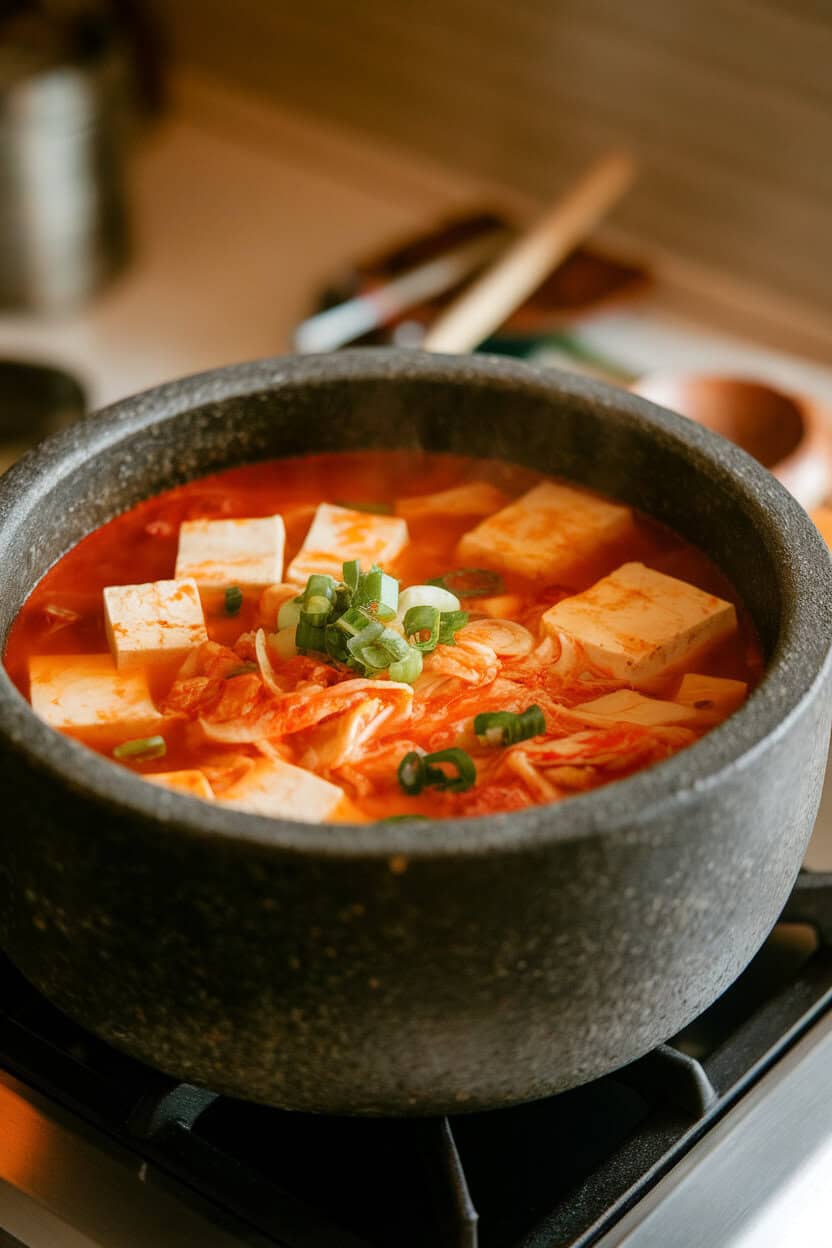 Indoor stovetop scene with a bubbling stone pot of kimchi jjigae—chunks of tofu, kimchi, and scallions visible in red broth. Photo only, no text or logos.