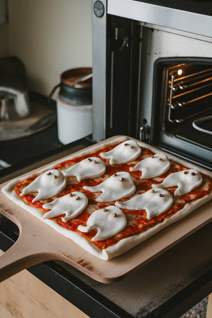 An indoor oven-side table displaying a rectangular white pizza topped with mozzarella “ghost” shapes, each sporting peppercorn eyes, on a wooden peel. No logos or text; photo only.