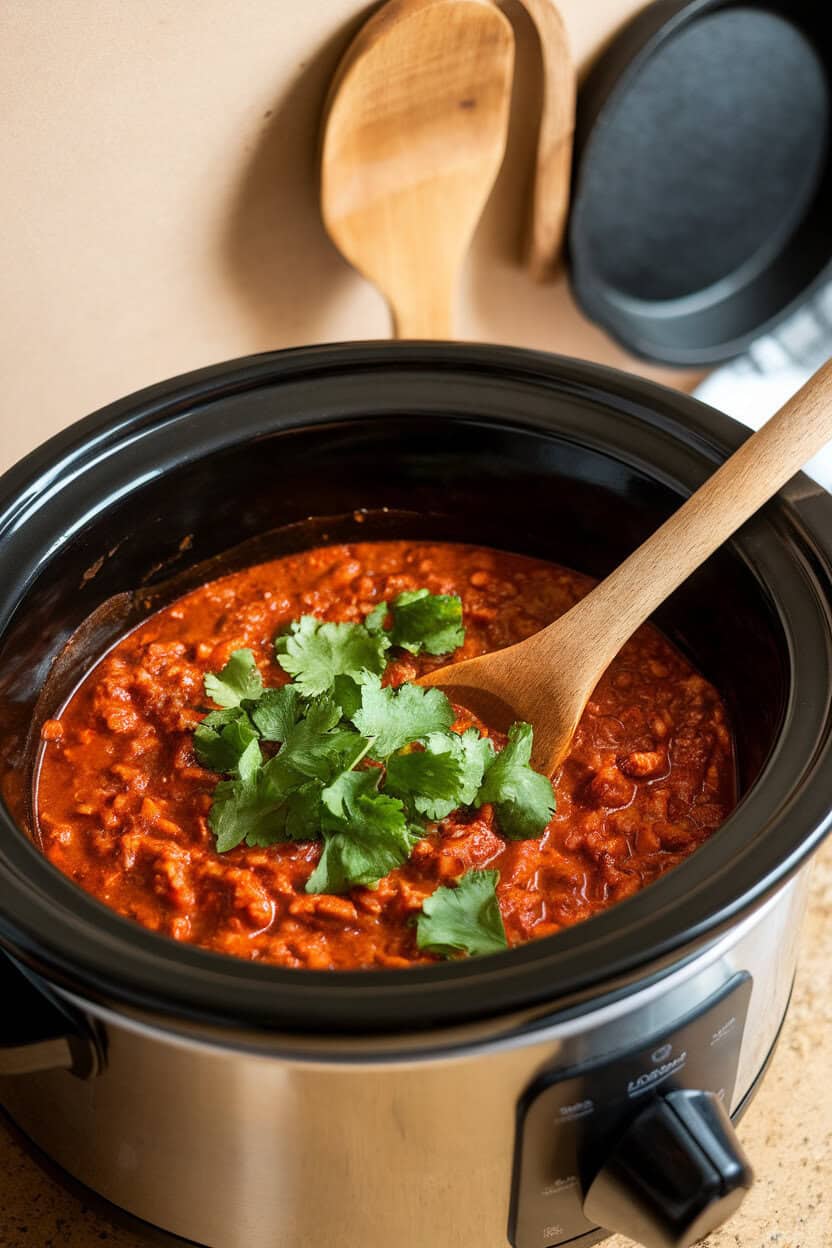 Indoor photo of a slow cooker crock filled with rich red bison chili, a wooden spoon resting inside; no text or logos