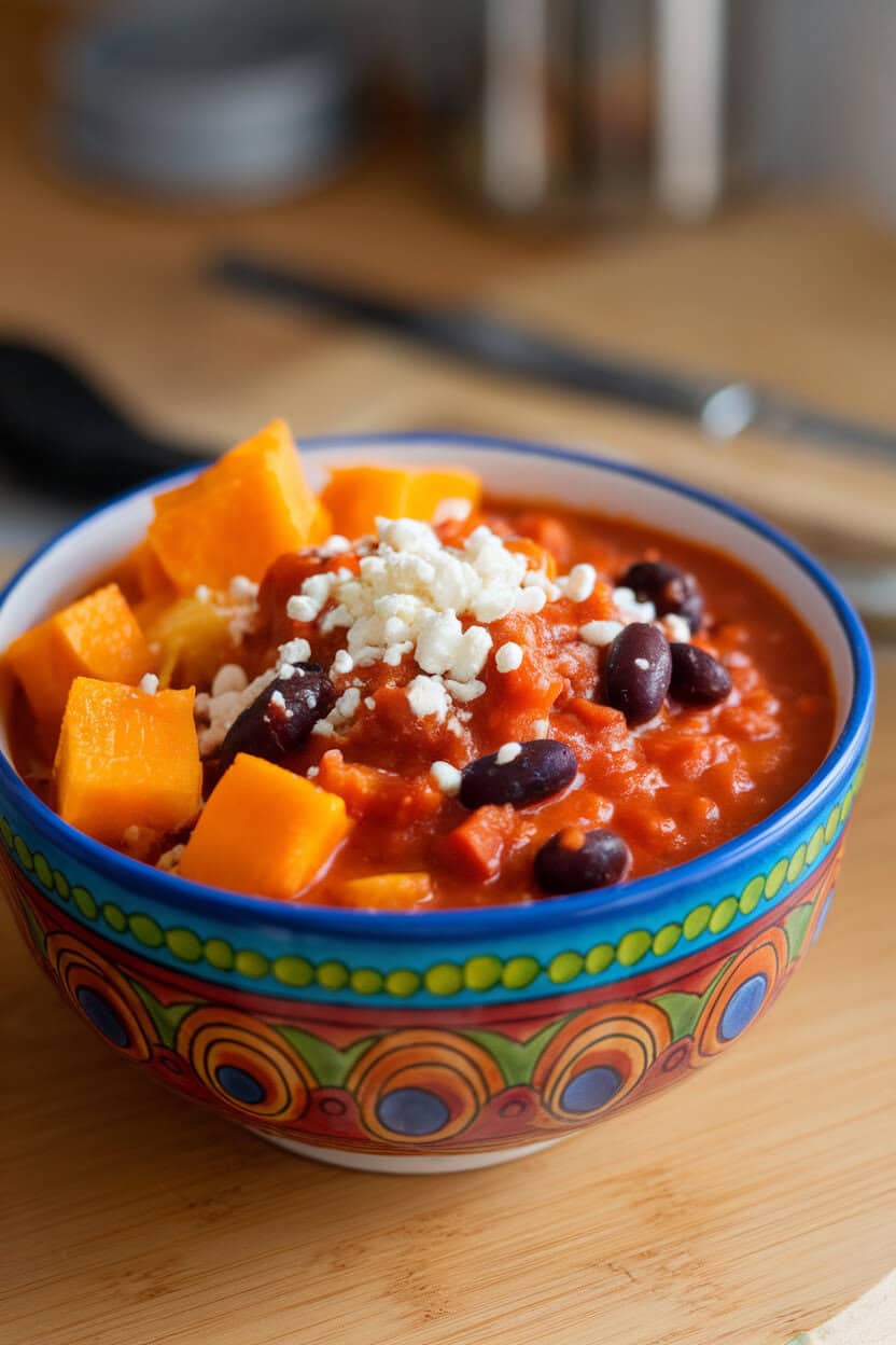 Indoor photo of a colorful bowl showcasing orange butternut squash cubes and black beans in tomato chili, sprinkled with queso fresco; no text or logos