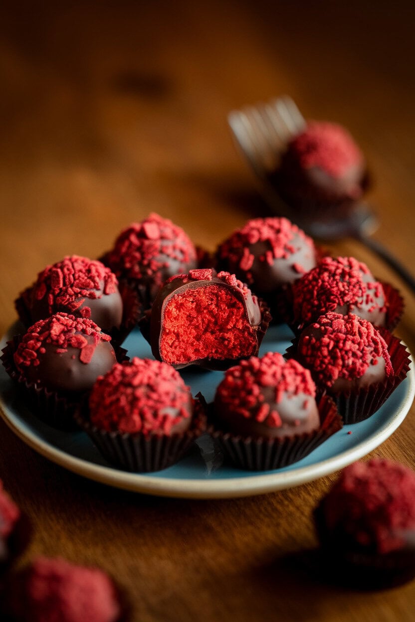 Small indoor plate holding red velvet cake-crumb truffles coated in dark chocolate, one truffle bitten to reveal the vivid red interior. Warm lighting; no text or logos. Photo only.