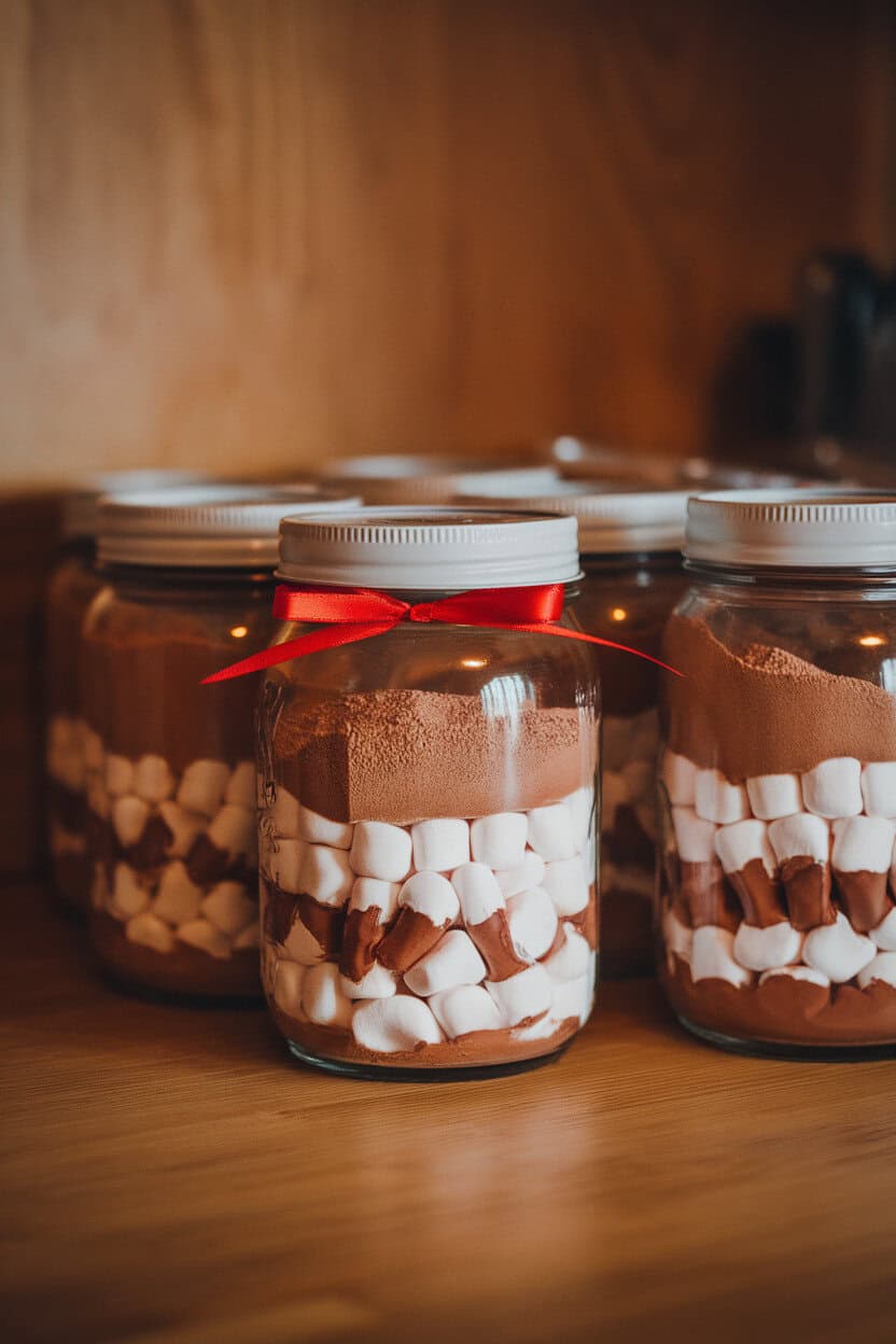 An indoor kitchen counter with mason jars layered with cocoa powder, sugar, and mini marshmallows, tied with simple red ribbon. No text or branding on jars.