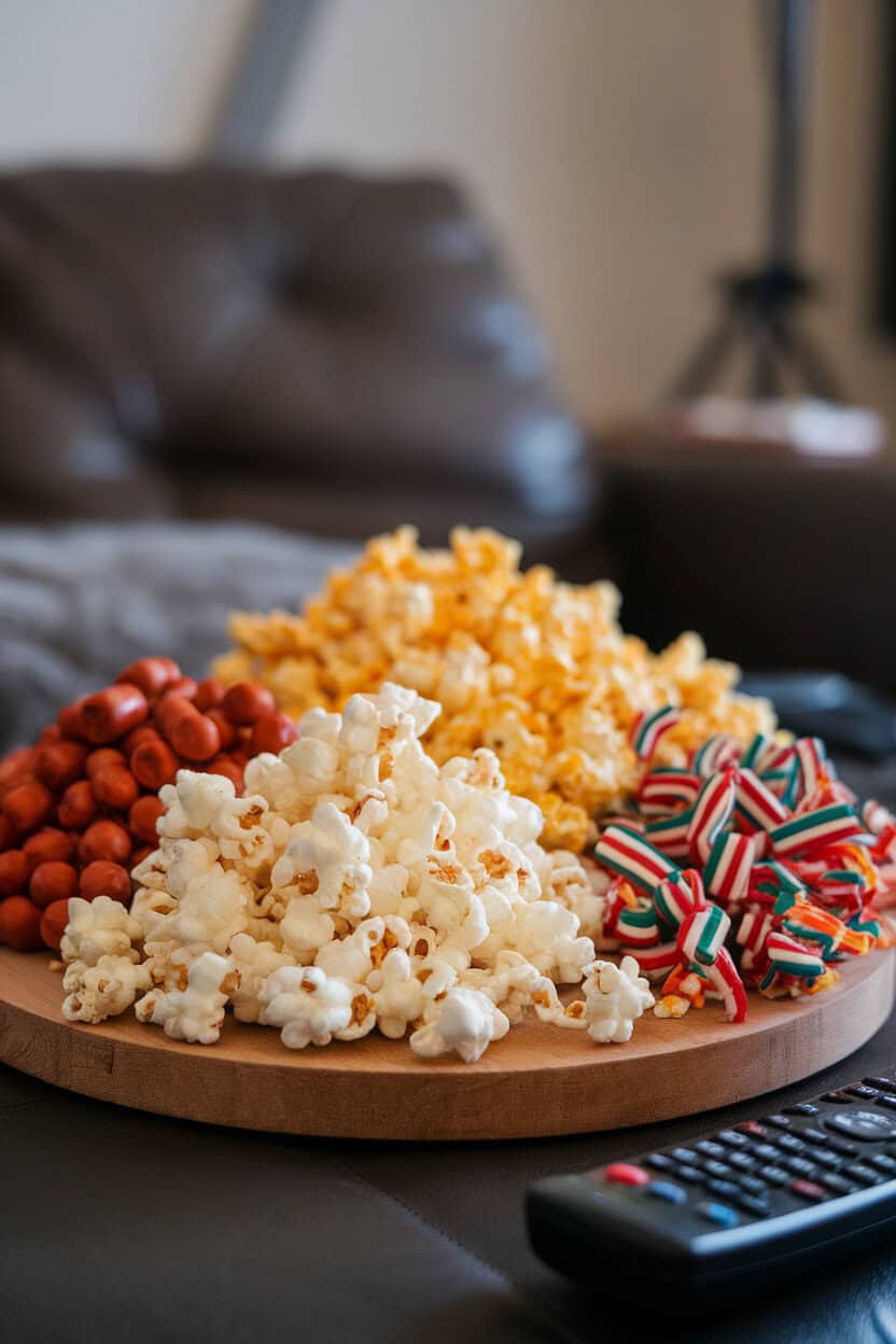 Indoor photo of buttered popcorn piles, cheddar popcorn, mini smoked sausages, and licorice twists on a board placed near a TV remote (no logos). Photo, not illustration.