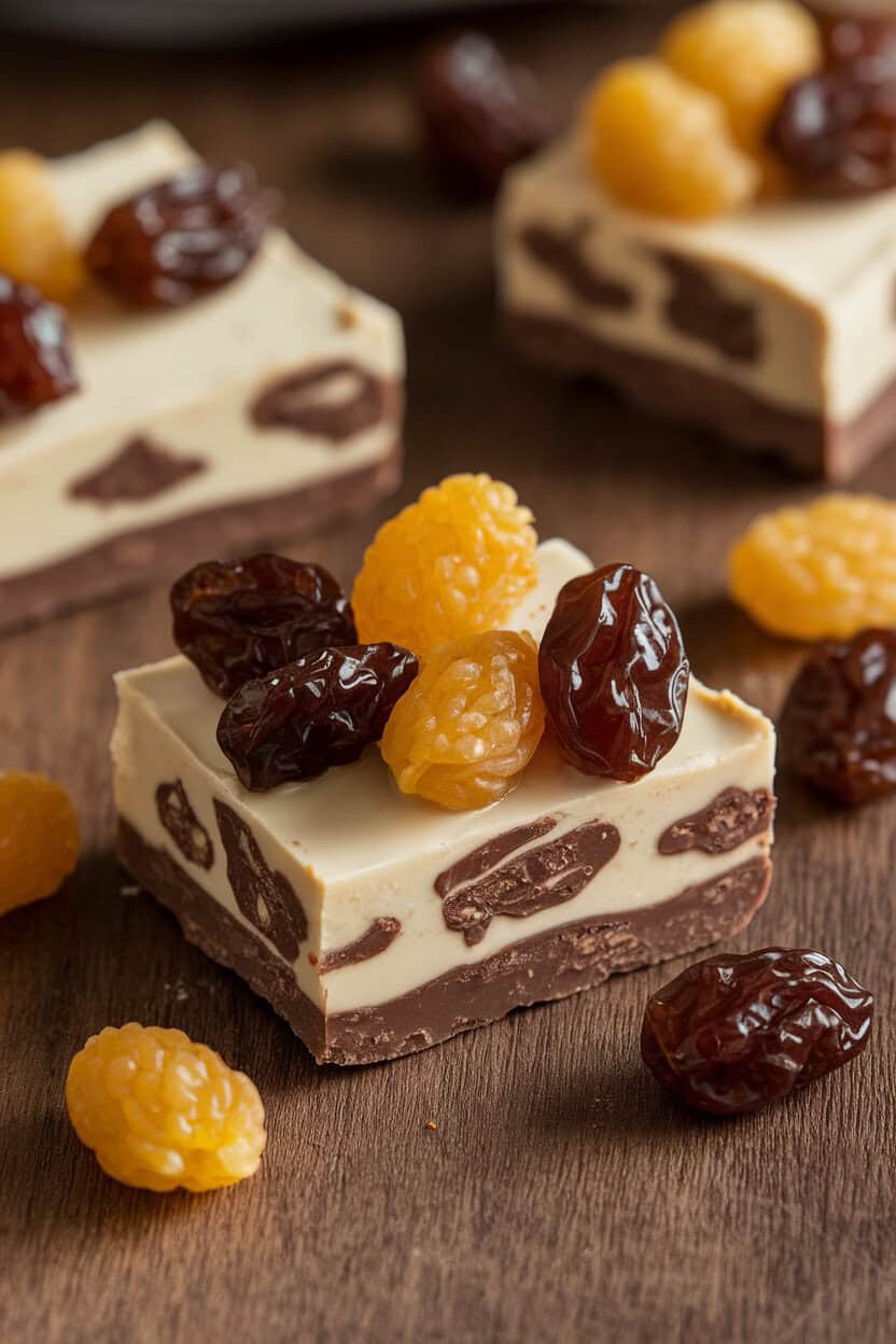 Indoor shot of milk-chocolate toffee topped with golden raisins soaked in dark rum, with extra raisins scattered nearby. No text or logos.