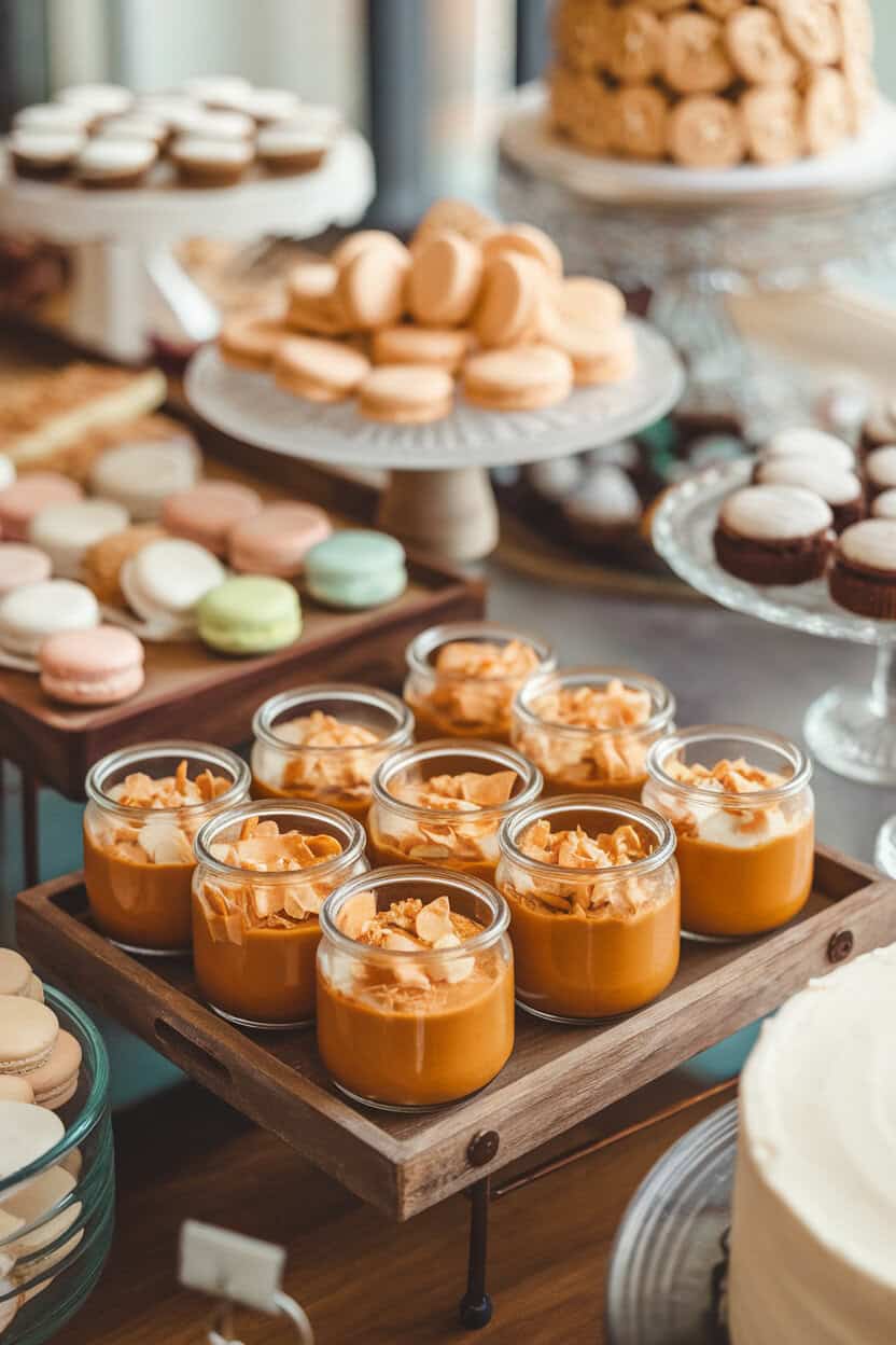 Photo of small glass jars filled with silky sweet potato pudding topped with toasted coconut flakes, arranged on an indoor dessert table. No text or logos.