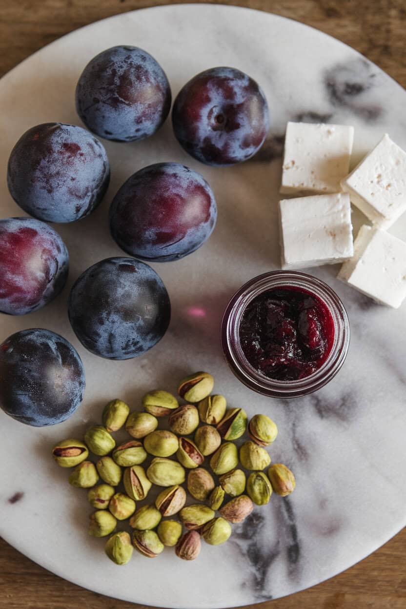 Indoor photo featuring fresh plums, plum-cot jam, salty feta cubes, and pistachios on a marble platter. No text or logos. Photo, not illustration.