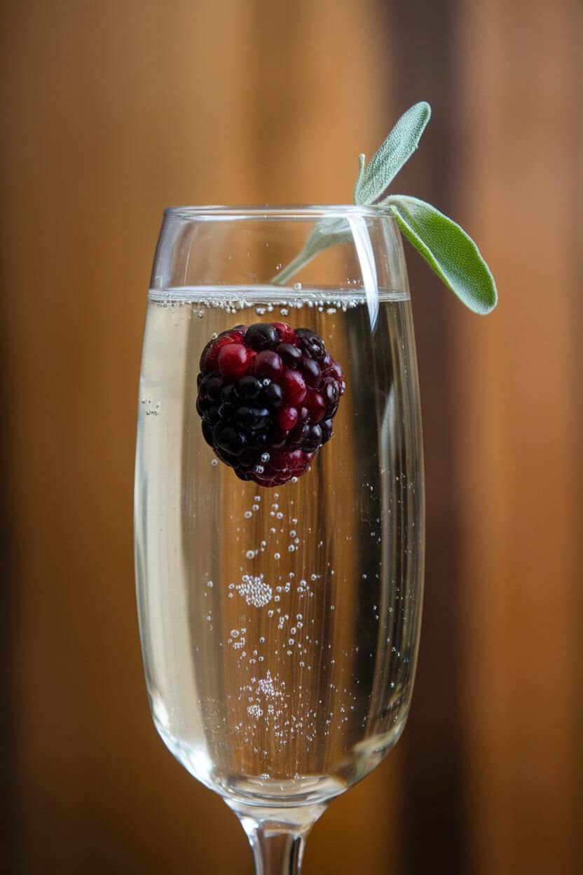 Photo of a flute indoors, clear sparkling wine with blackberry floating near bottom and tiny sage leaf perched on rim, bubbles rising. No text or logos.