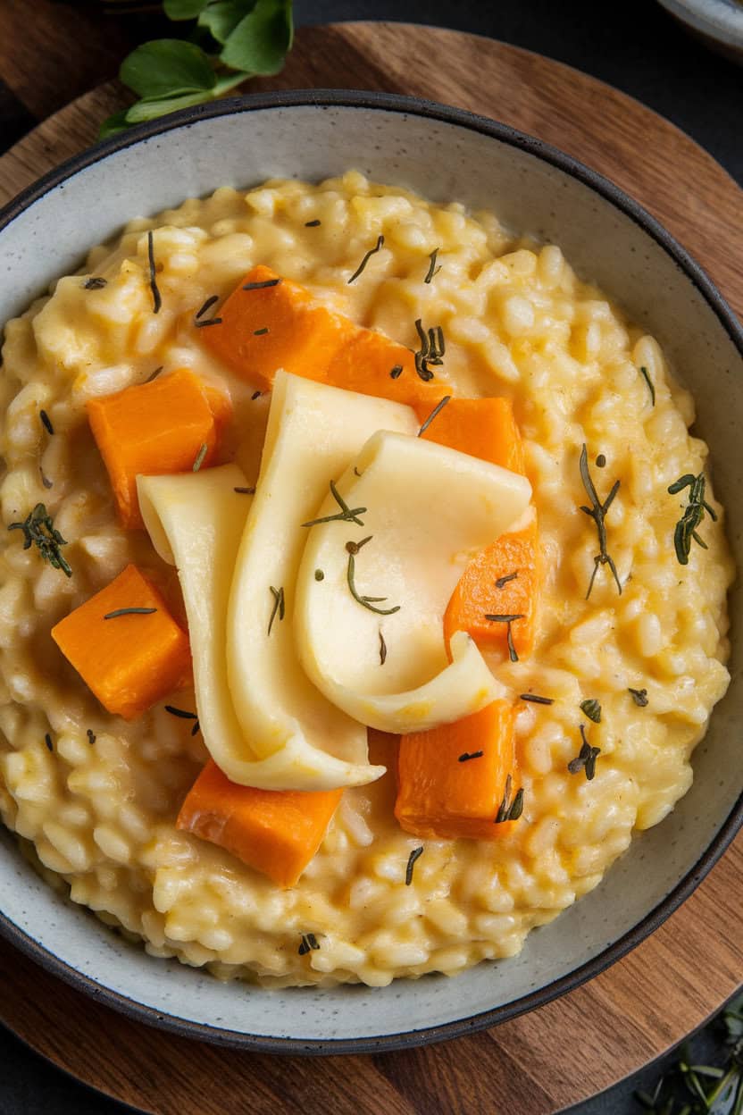 An indoor shallow bowl of creamy risotto flecked with orange butternut squash cubes and melted Brie ribbons on top. No text or logos. Photo only.