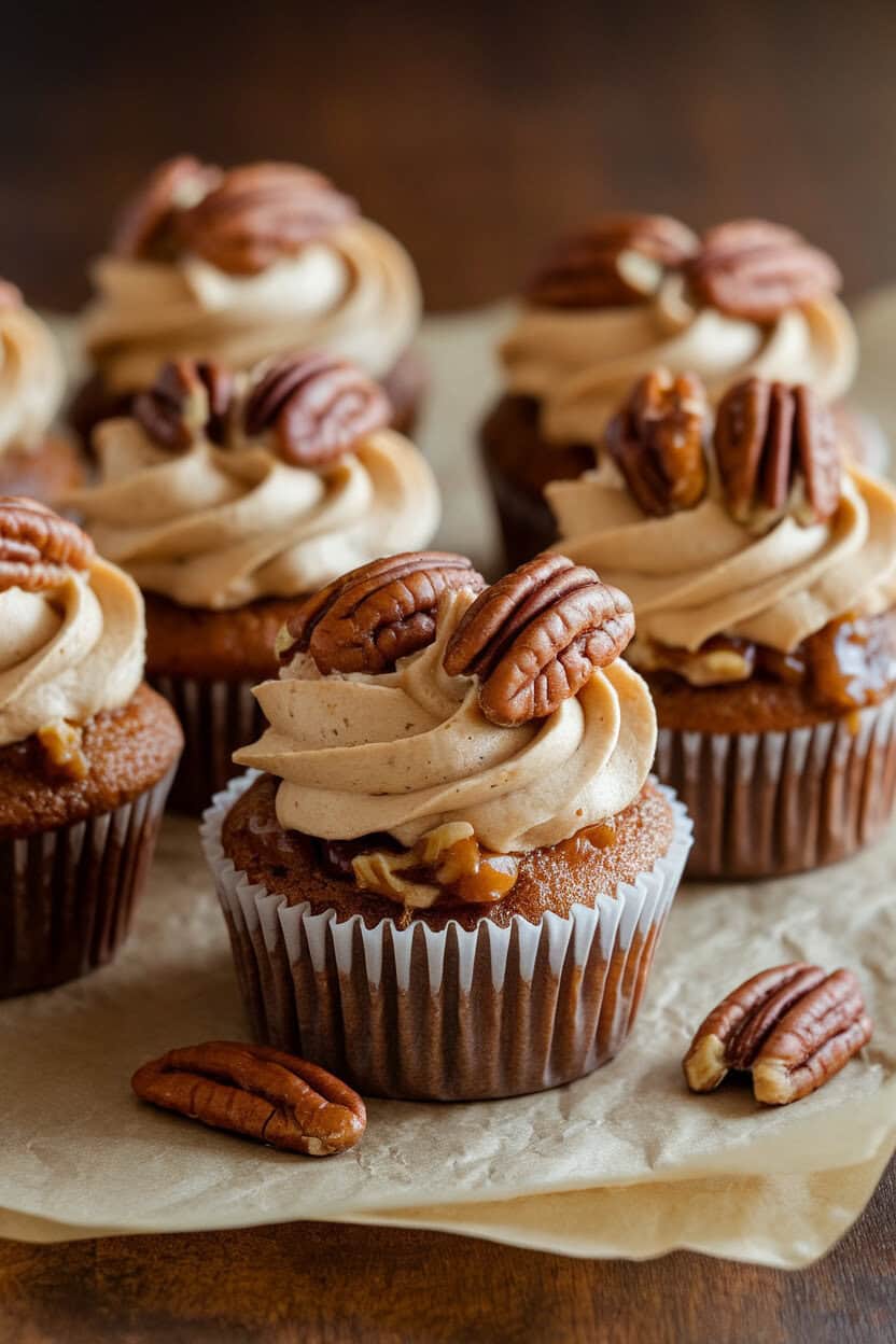 Indoor photo of brown-sugar cupcakes filled with gooey pecan pie filling, topped with bourbon buttercream and candied pecans, arranged on parchment. No text or logos.