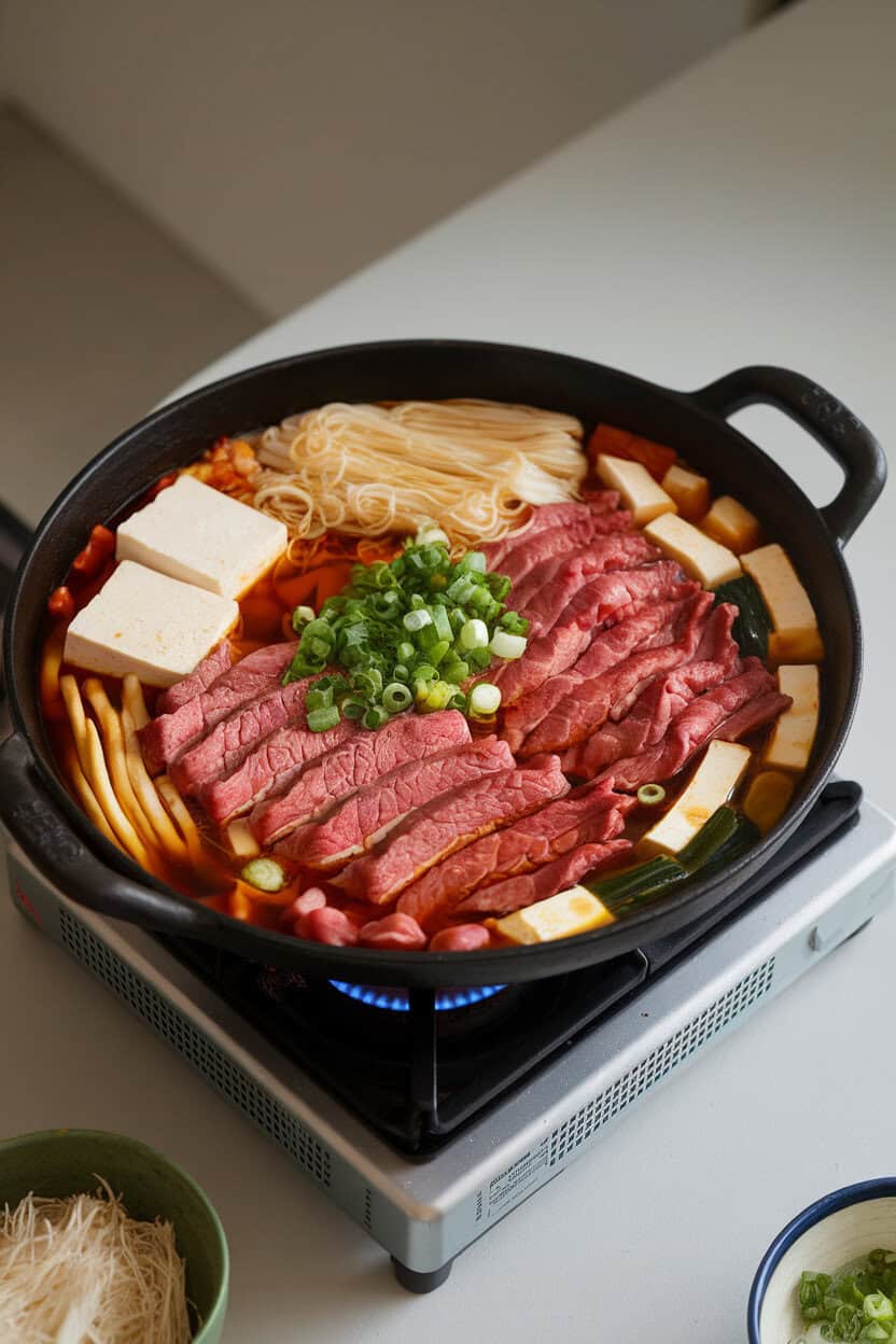 An indoor hot-pot setup showing a shallow cast-iron pan filled with thin beef slices, tofu, shirataki noodles, and vegetables simmering in a sweet soy broth. No text or logos visible. Photo, not illustration.