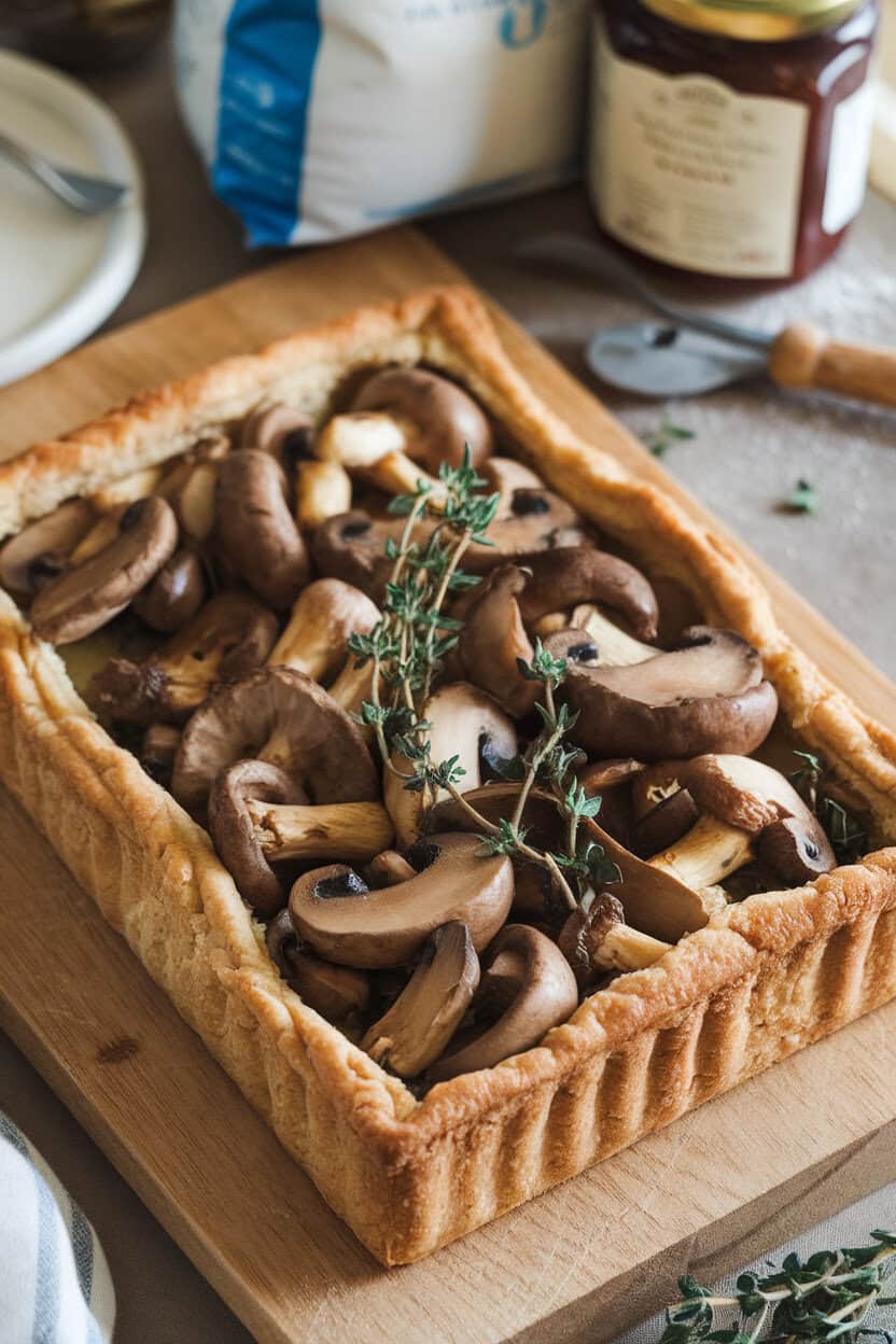 An indoor bakery-style counter showcasing a rectangular tart topped with assorted sautéed mushrooms and thyme, crust edges flaky and brown. No text or logos present. Photo only.