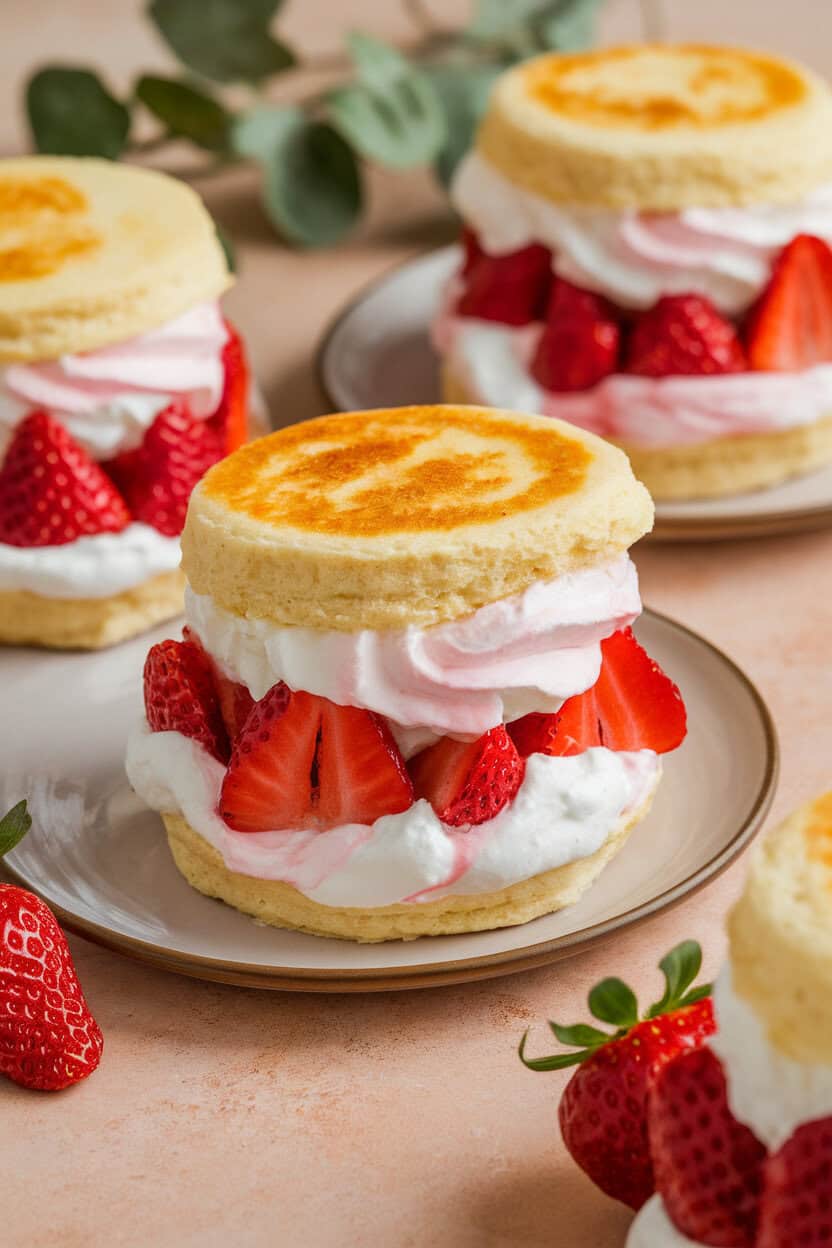 Indoor tabletop shot of split shortcakes layered with macerated strawberries and whipped cream. No text or logos. Photo, not illustration.