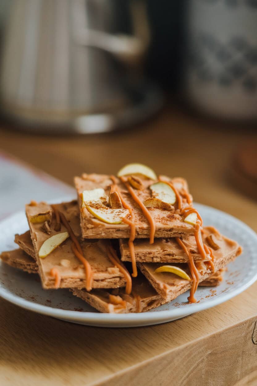 Indoor shot of cracker toffee drizzled with caramel and sprinkled with dried apple chips and cinnamon. No text or logos.