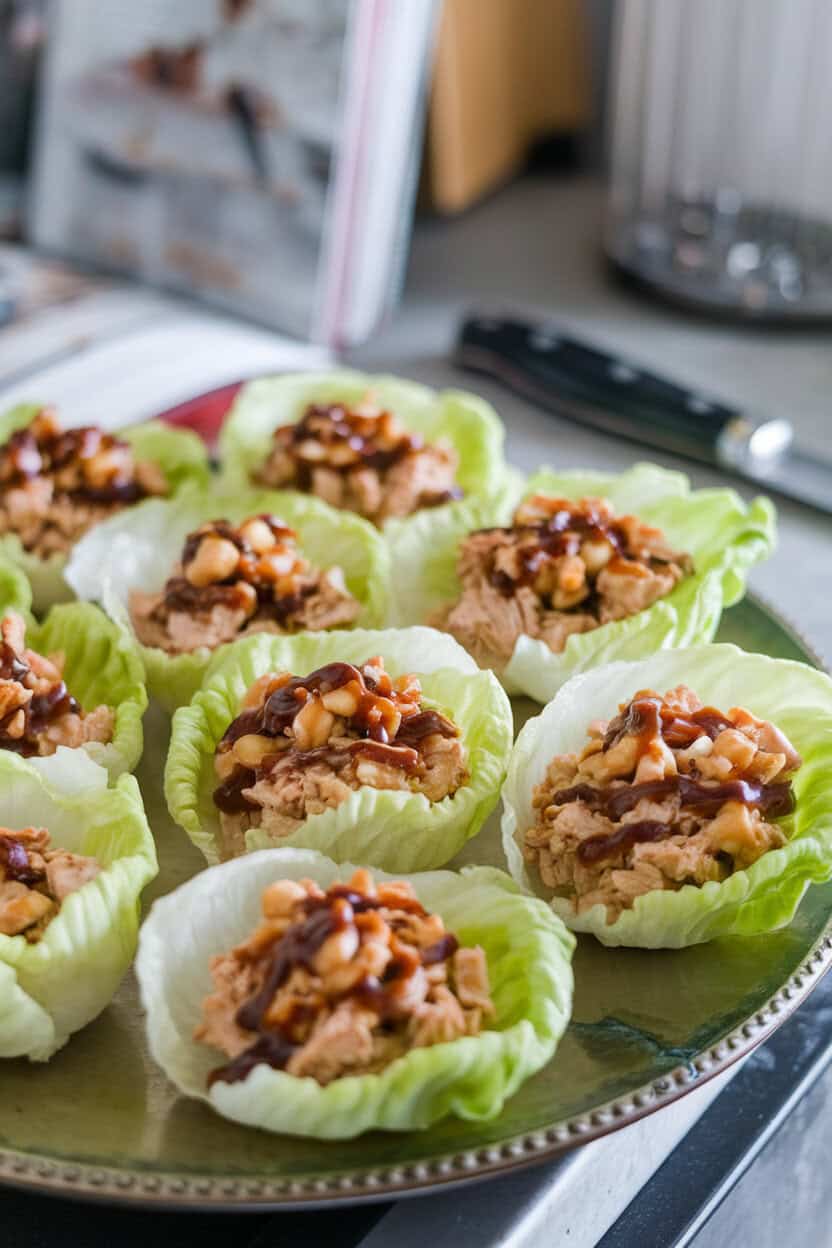 A platter on a kitchen counter featuring crisp butter-lettuce cups filled with minced chicken, water chestnuts, and hoisin glaze; no text or logos; photo