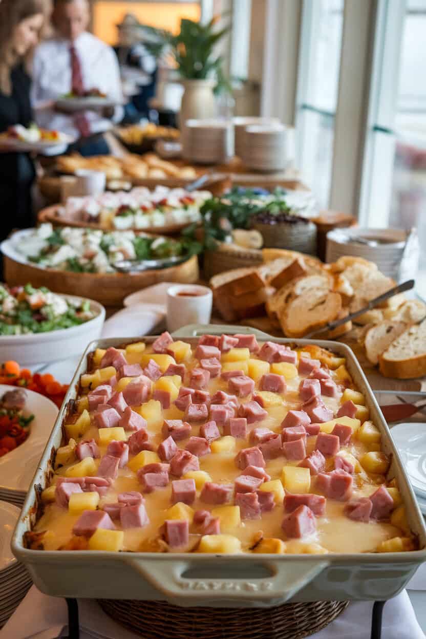 Indoor brunch buffet scene with a casserole featuring diced ham, pineapple tidbits, and melted Swiss cheese, lightly caramelized on top. No text or logos. Photograph.