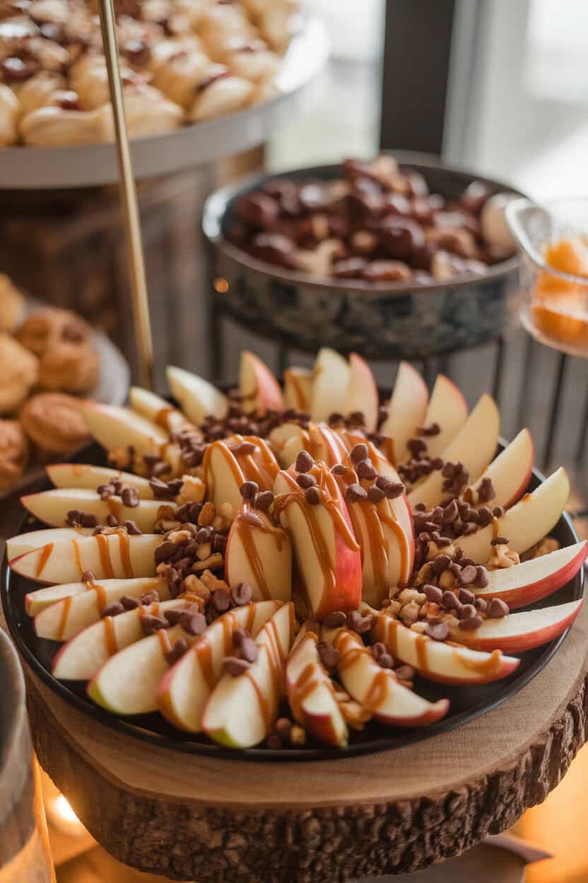 An indoor snack platter topped with thin apple wedges drizzled in caramel and sprinkled with nuts and mini chocolate chips, warm lighting, no logos on dishware.
