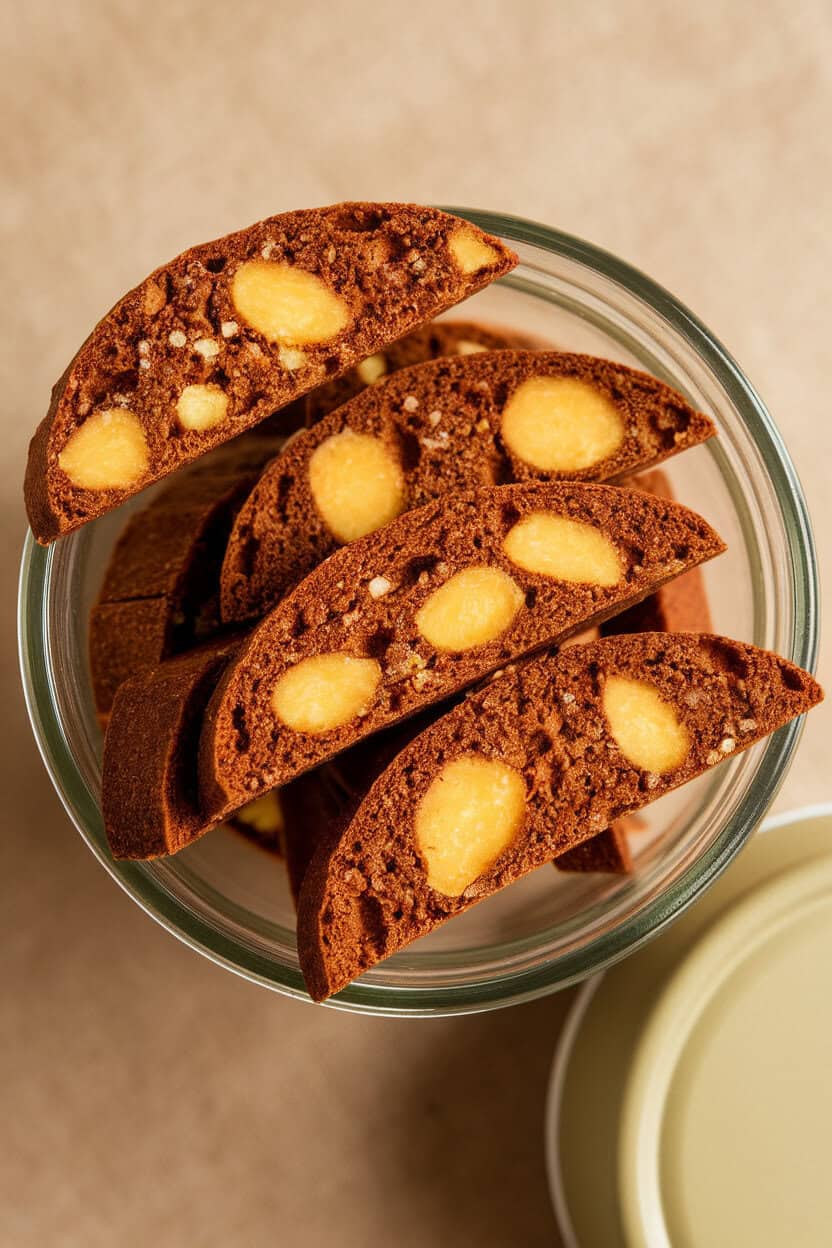 Indoor photo of spiced biscotti slices studded with candied ginger, arranged in a jar for gifting. No text or logos.