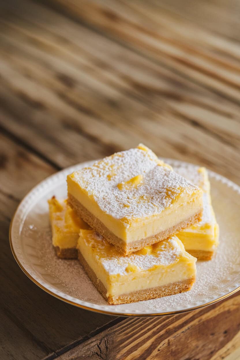 An indoor dessert plate displaying creamy lemon bars dusted with powdered sugar, shortbread crust visible—photo, no text or logos