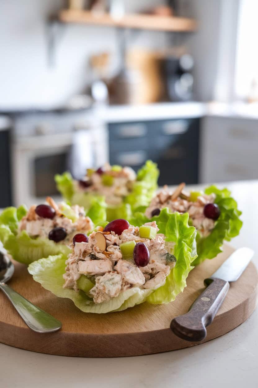 Indoor kitchen counter photo of crisp lettuce cups filled with chicken salad made with Greek yogurt, celery, grapes, and almonds. No text or logos.