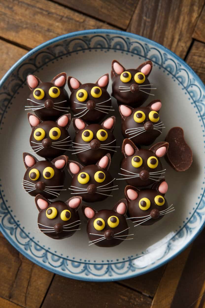 Photo, not illustration. Indoor dessert plate containing dark chocolate–coated truffles decorated with candy ears and yellow sprinkle eyes, arranged like curious black cats. No branding anywhere.