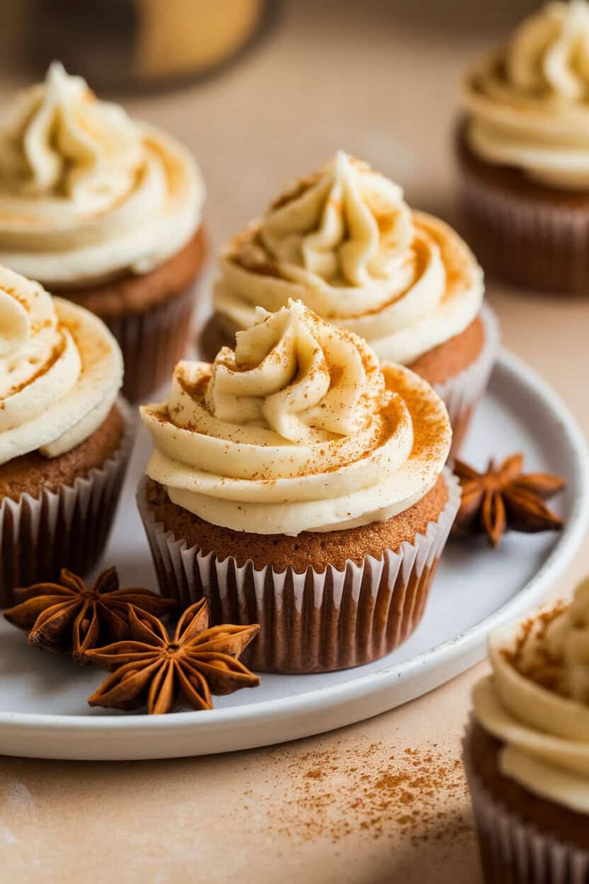 Indoor photo of chai-spiced cupcakes with vanilla bean frosting and a dusting of cinnamon, placed beside star anise pods for mood. No text or logos present.