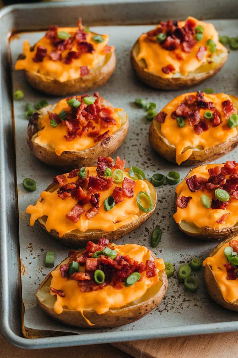 A baking tray indoors with crispy potato skins topped with melted cheddar, bacon bits, and scallions. No text or logos.