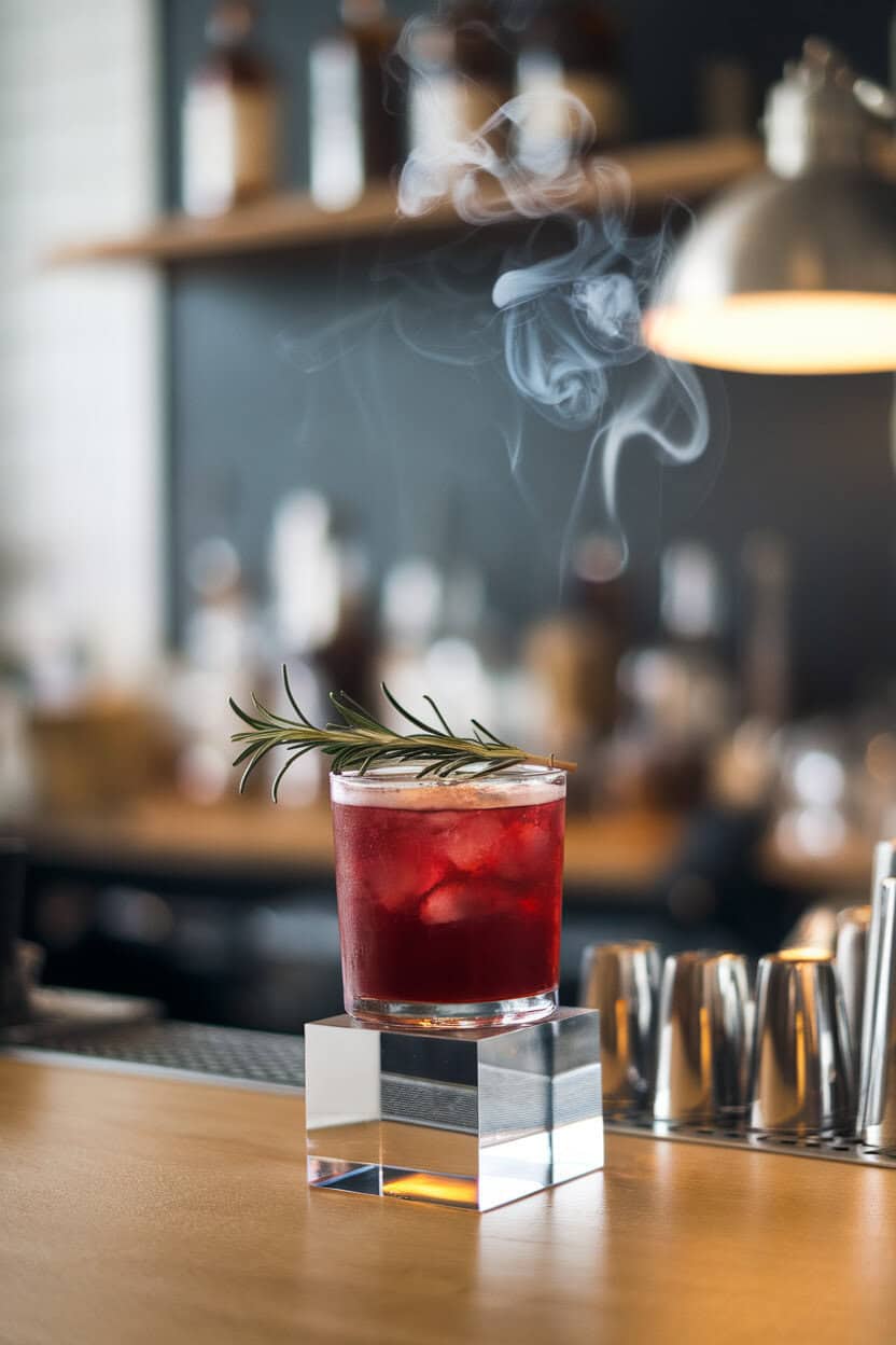 Indoor bar counter with a rocks glass of deep red cocktail on a single clear cube, rosemary sprig lightly charred, smoke curling upward. No branding present.
