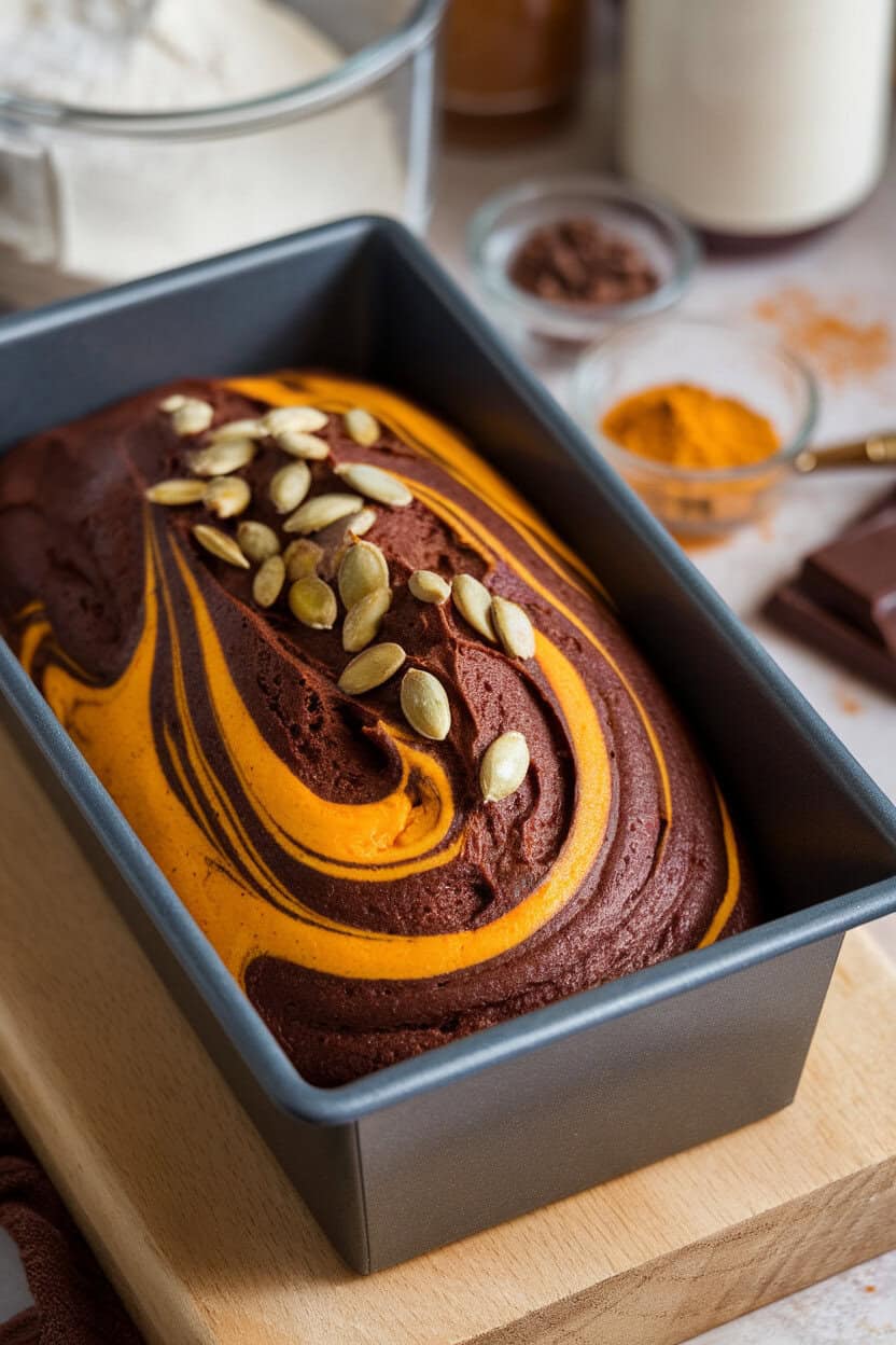 An indoor loaf pan with chocolate pumpkin marble cake, sliced to reveal swirled pattern. No text or logos.