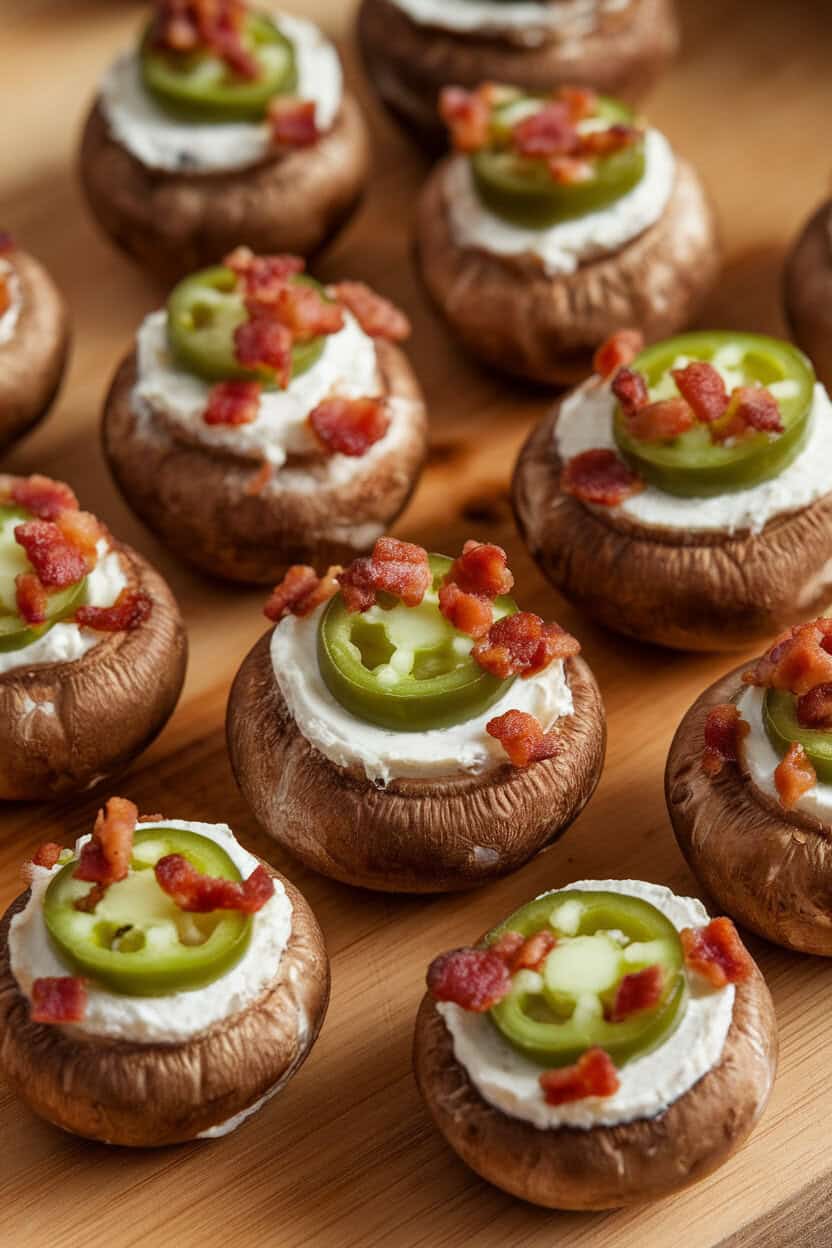 Photo of an indoor wooden board holding mushrooms stuffed with cream cheese, diced jalapeño, and bacon bits, cheese lightly blistered. No text or logos visible.