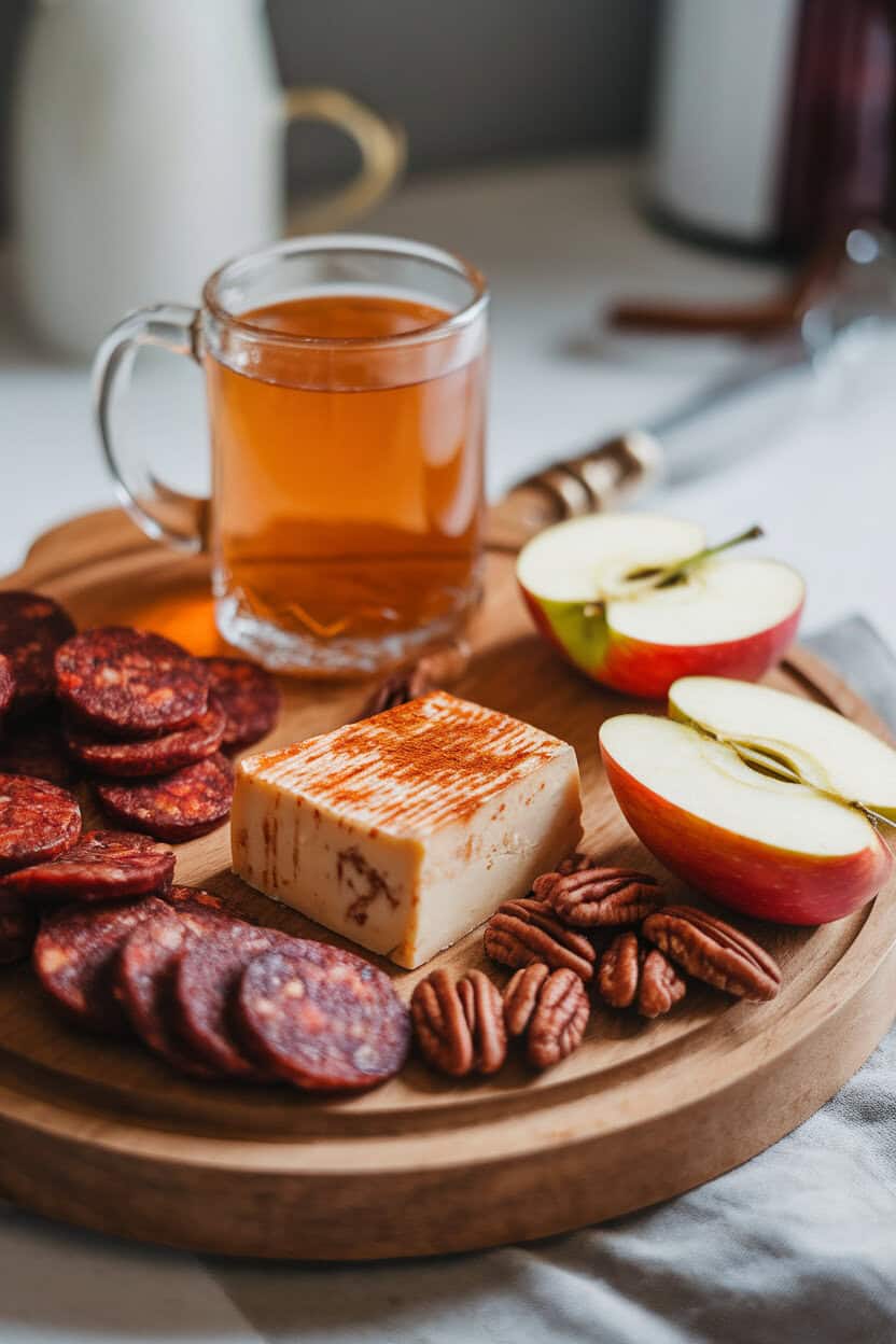 Indoor photo of cinnamon-rubbed manchego, spicy chorizo coins, apple slices, and candied pecans on a wooden board, with a blank mug of cider nearby. No text or logos. Photo, not illustration.