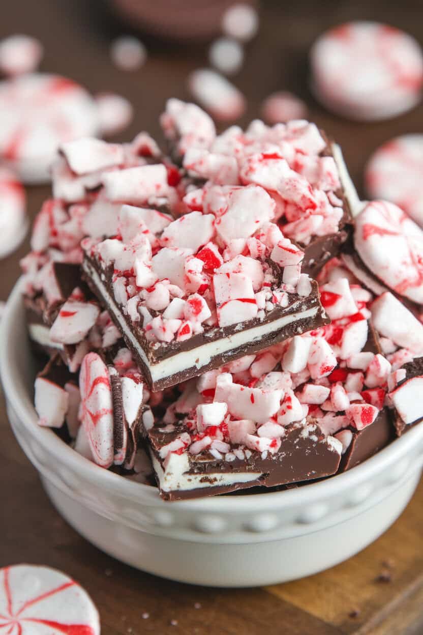 Indoor photo of milk-chocolate toffee covered in crumbled candy cane Oreo cookies, peppermint pieces visible. No text or logos.