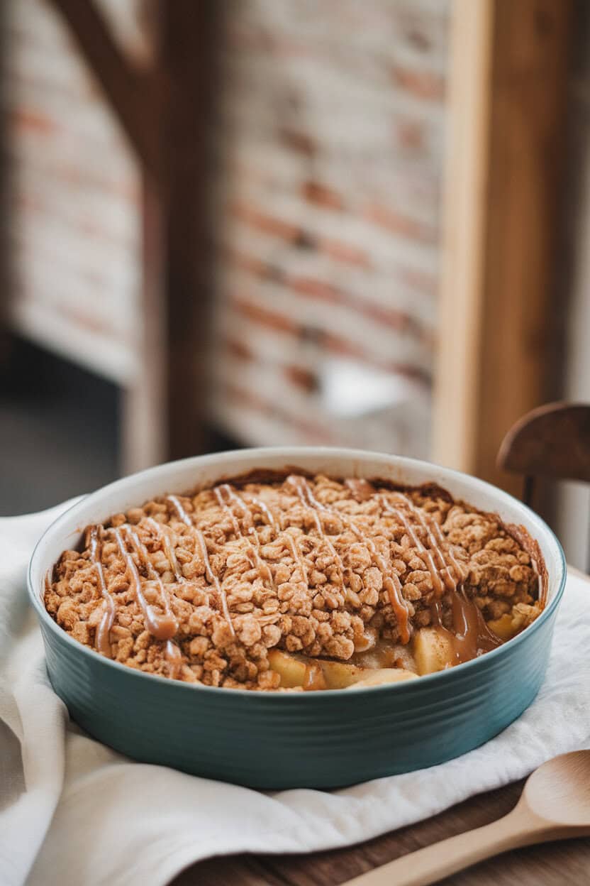 A baking dish on an indoor table showing bubbling apple filling beneath a golden oat crumble, salted caramel drizzled on top; no text or logos. Photo.