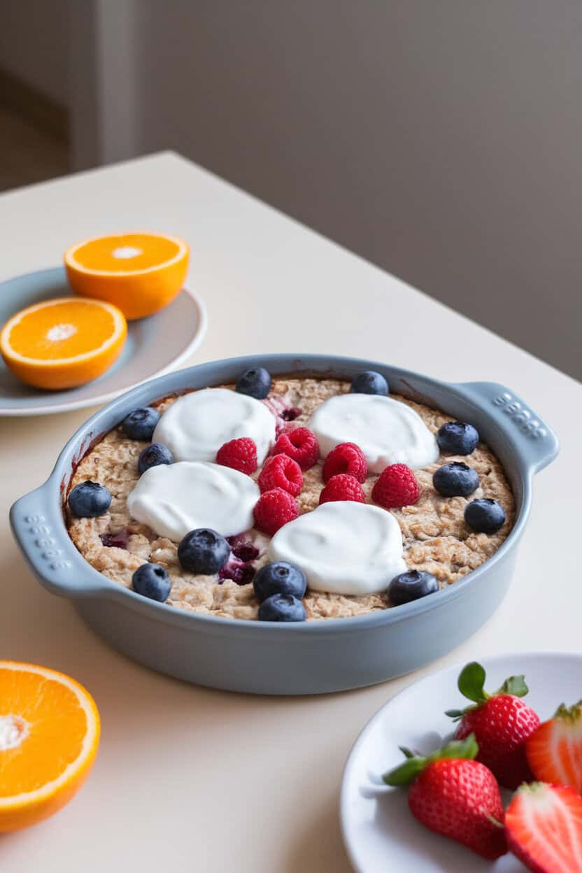 Indoor breakfast table showing a casserole of baked oatmeal dotted with blueberries and raspberries, dollops of Greek yogurt melting on top. No logos or text. Photo only.