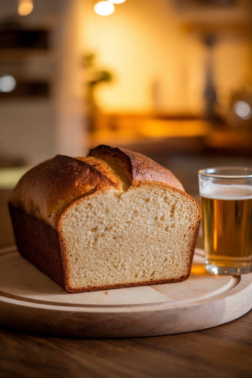 Photo of a quick beer bread loaf on a cutting board with a small glass of beer beside it, indoor warm lighting. No logos or text.