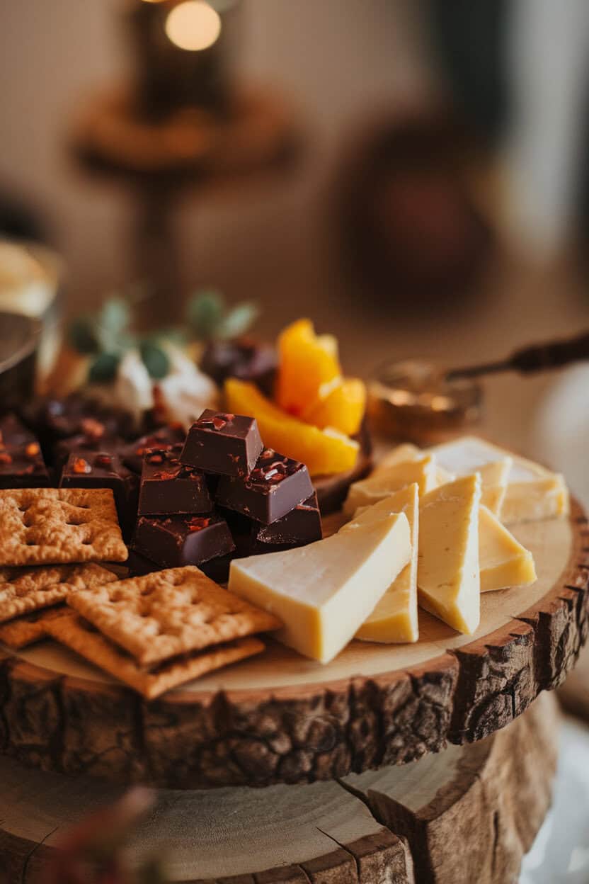 Cozy indoor photo of dark chocolate squares with chili flakes, creamy Havarti wedges, candied orange peel, and sesame crackers. No text or logos.