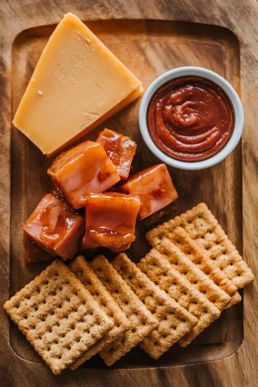Photo indoors showing maple-glazed ham cubes, smoked gouda, apple butter, and wheat crackers on a wooden platter. No text or logos.