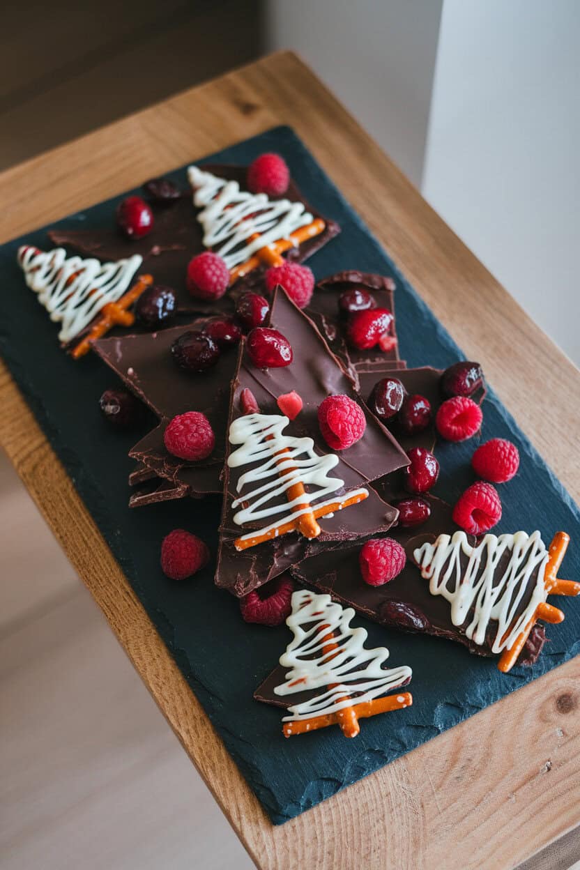 Indoor photo of dark chocolate bark with candied cranberries, fresh raspberries, and white chocolate dipped pretzel trees on a slate board. No text or logos. Photo, not illustration.