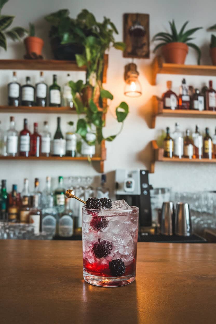 Short tumbler with crushed ice, gin and blackberry liqueur cascading through, topped with sparkling wine and two blackberries. Indoor bar photo, no text or logos.