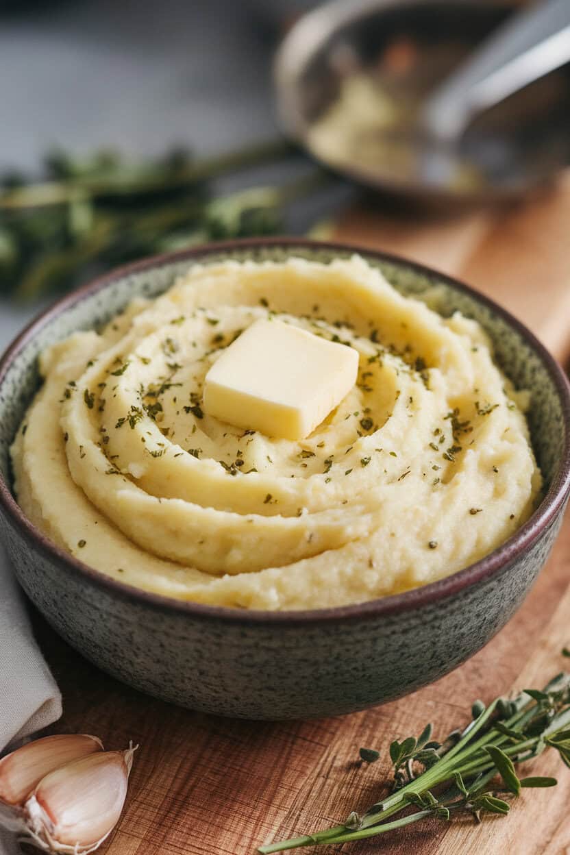 An indoor bowl heaped with creamy mashed potatoes swirled with herbed Boursin cheese, butter pat melting on top—photo, no text or logos