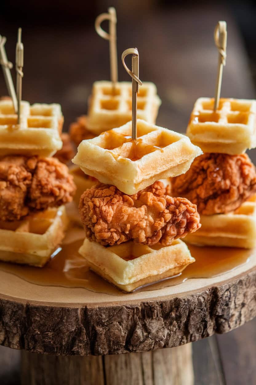 Indoor serving board lined with bite-sized waffle squares and crispy fried chicken pieces stacked on short skewers, drizzled with maple syrup. No text or logos.