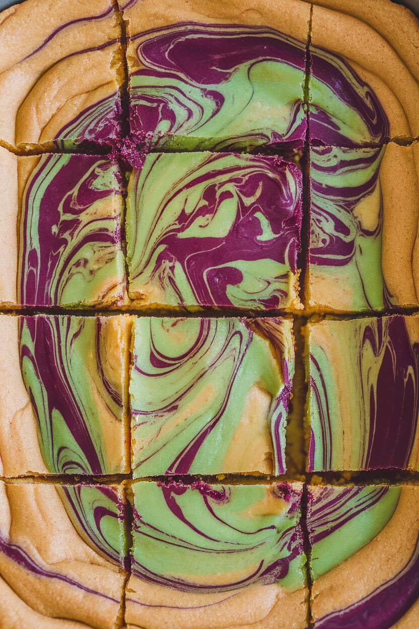 Photo, not illustration. Indoor pan of golden blondies swirled with purple and green candy melts, cut into squares. No branding.