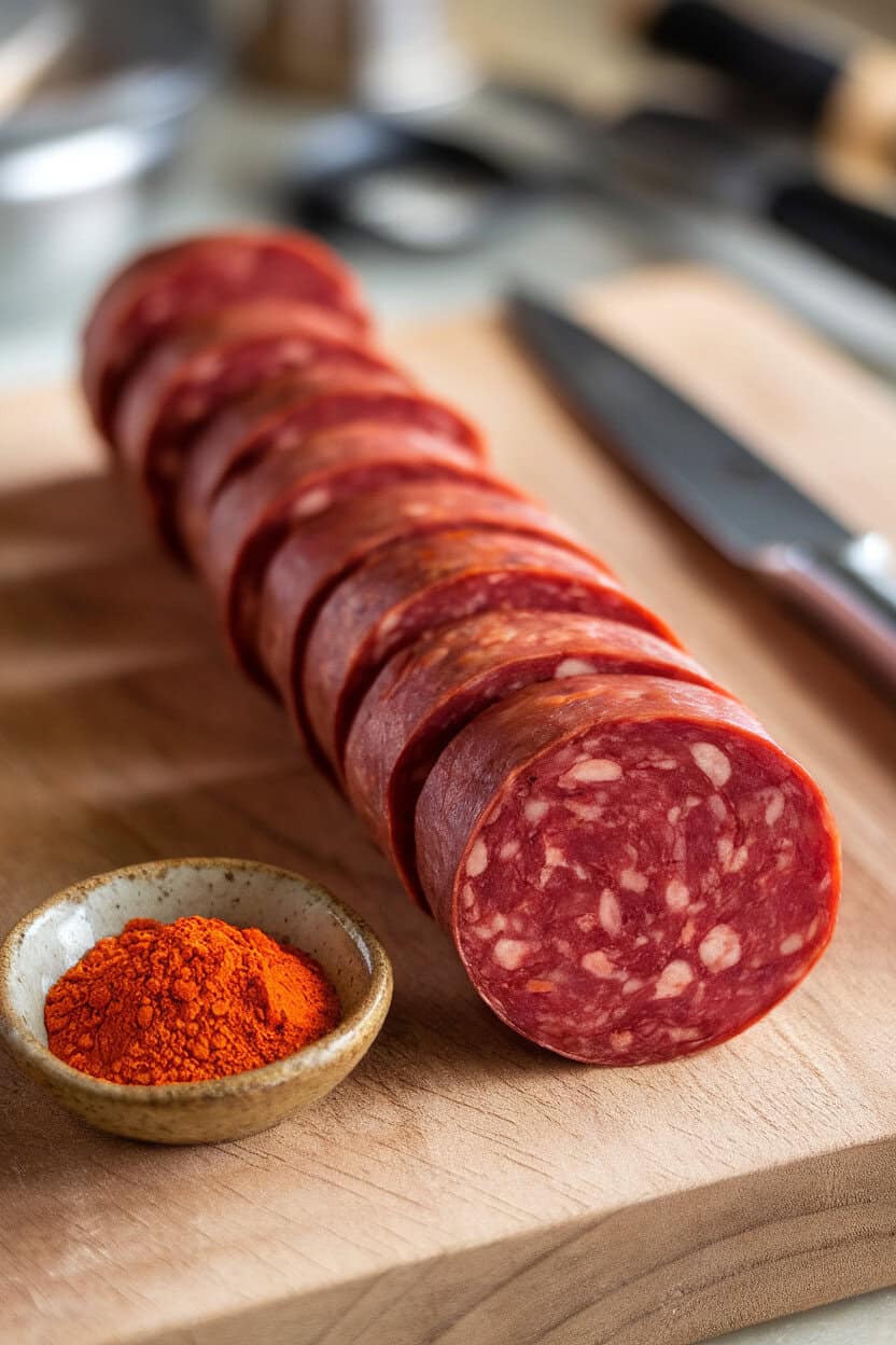 An indoor tabletop shot of a few mahogany-red chorizo rounds arranged in a neat row beside a small dish of smoked paprika. Warm lighting, no text or logos; photo only.