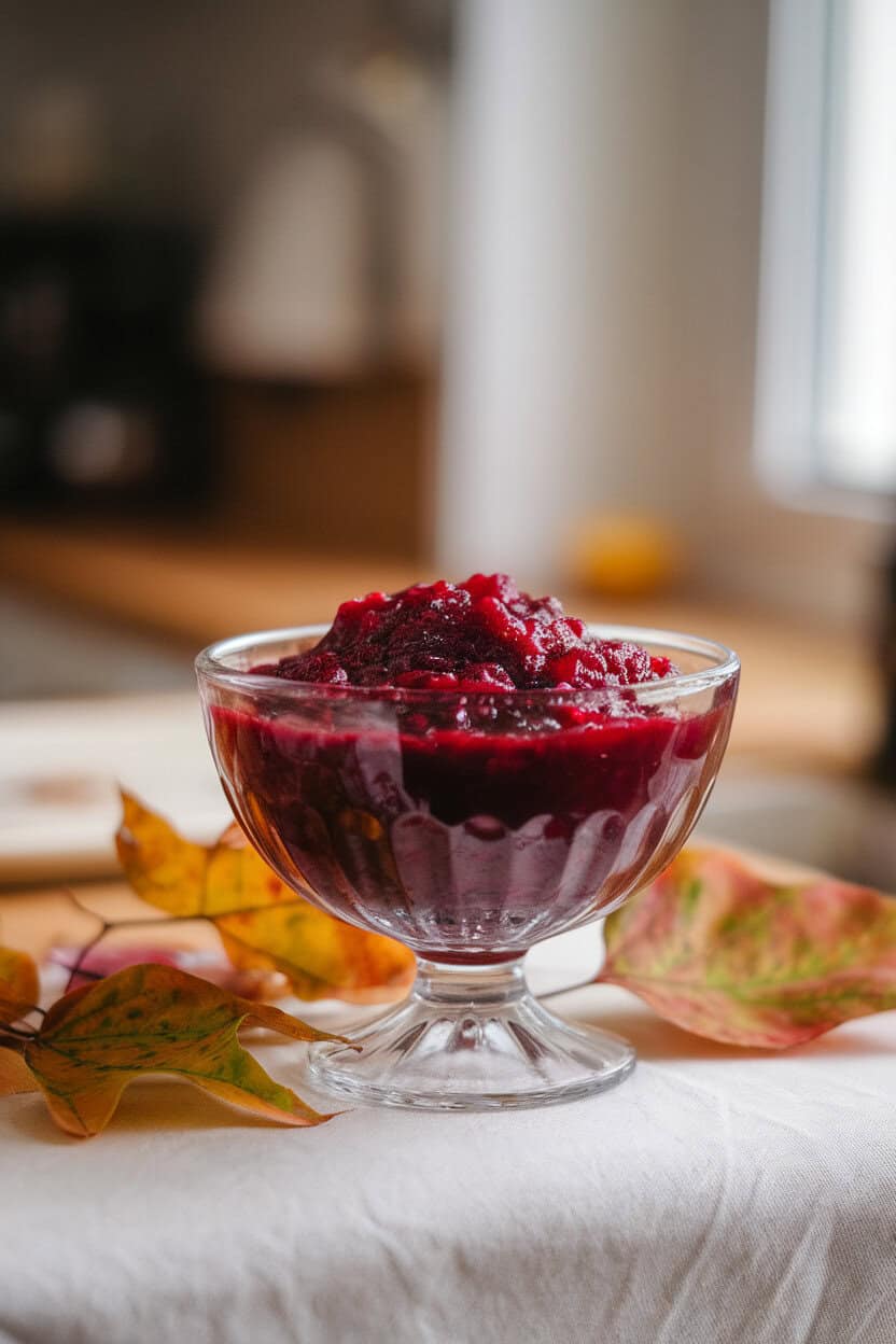 A small indoor kitchen table scene featuring a clear glass bowl of deep red cranberry sauce, light sheen on top, no text or logos. Photo.