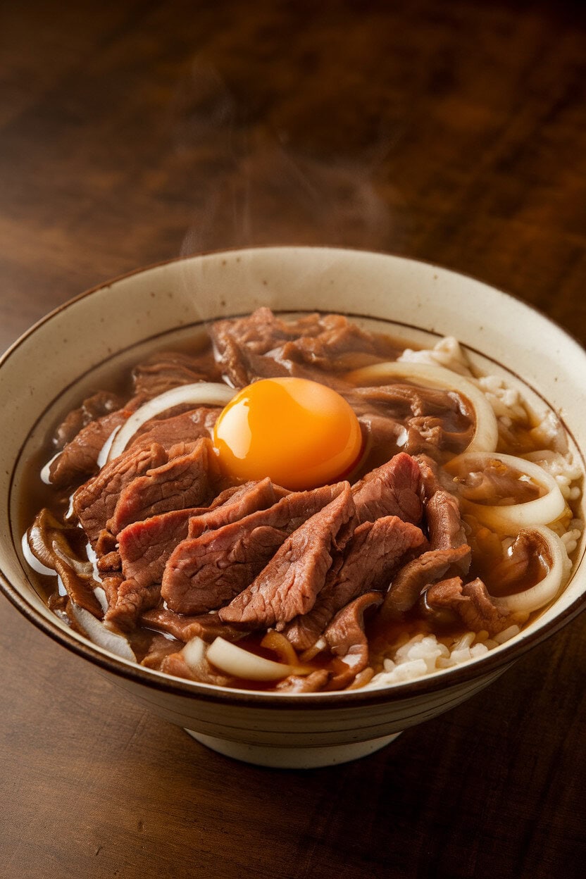 A warmly lit donburi bowl filled with thinly sliced beef and onions simmered in soy broth, atop steaming rice, a raw yolk resting on top. No text or logos. Photo, not illustration.