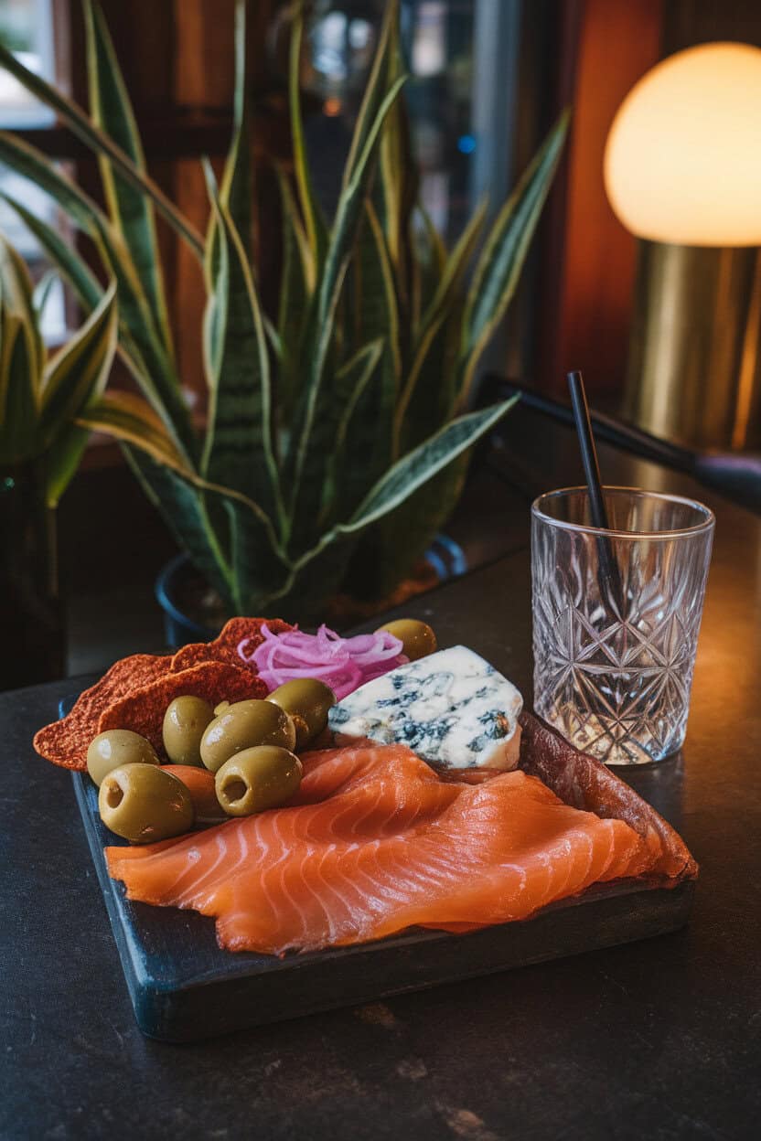 Indoor shot of a board featuring gin-infused gravlax, olives, pickled cocktail onions, blue cheese, and rye crisps, bar-style lighting, no text or logos.
