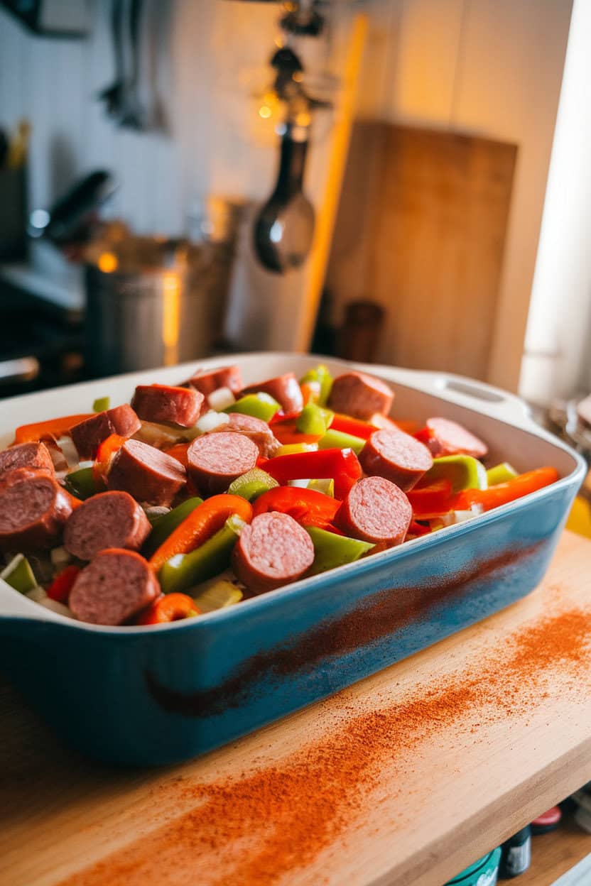 Indoor kitchen setting with a casserole containing sliced andouille sausage, bell peppers, celery, and onions, surface sprinkled with paprika. No text or logos. Photograph.