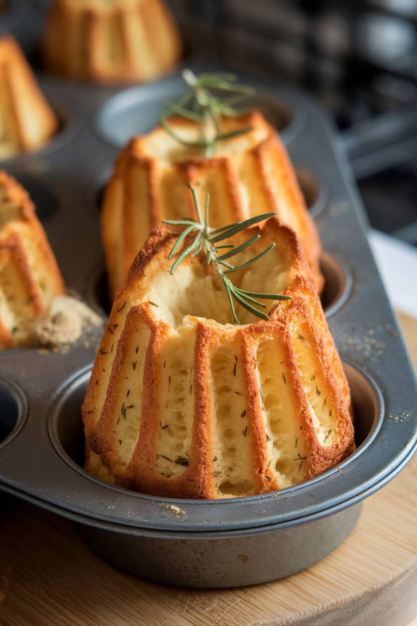 Photo of a metal muffin tin indoors holding tall, airy popovers speckled with rosemary leaves, no text or logos present.