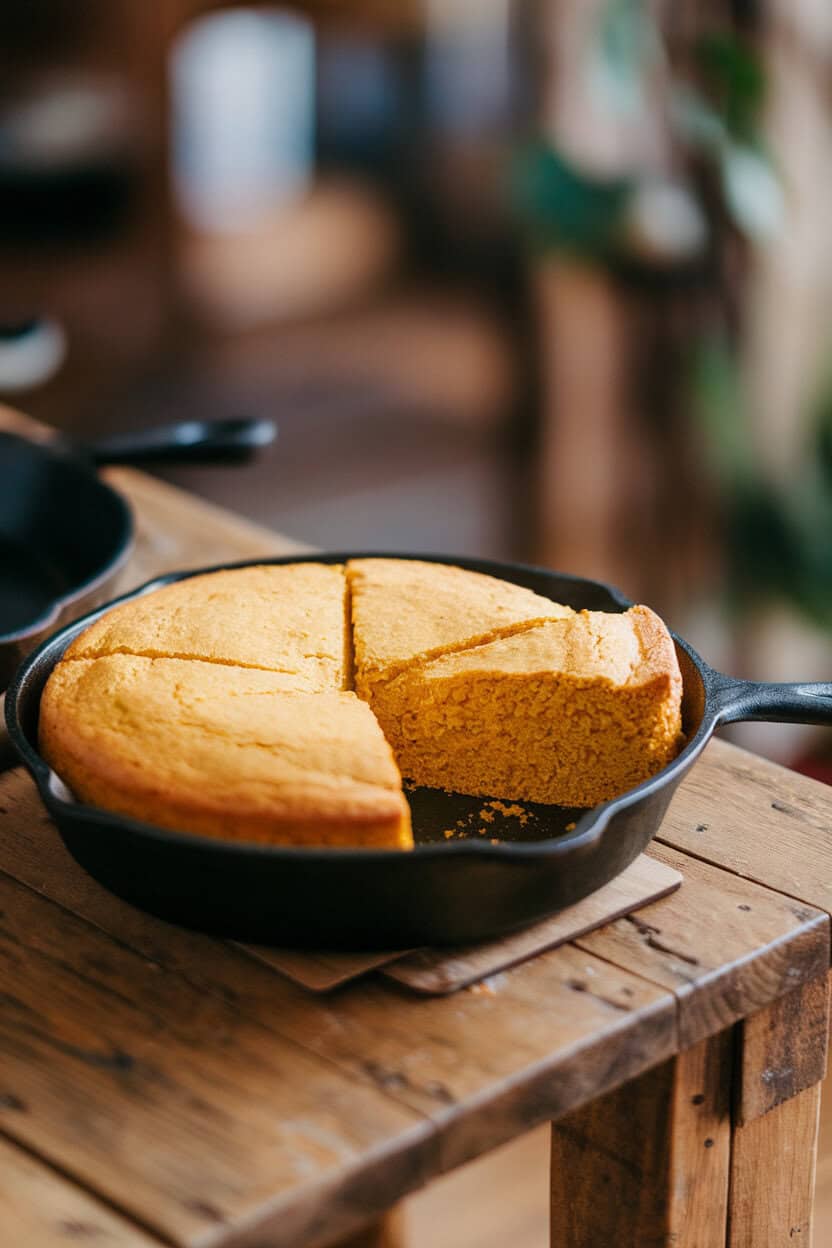 A cast-iron skillet on an indoor wooden table holding golden cornbread, one wedge removed to reveal a moist crumb. No text or logos. Photo, not illustration.