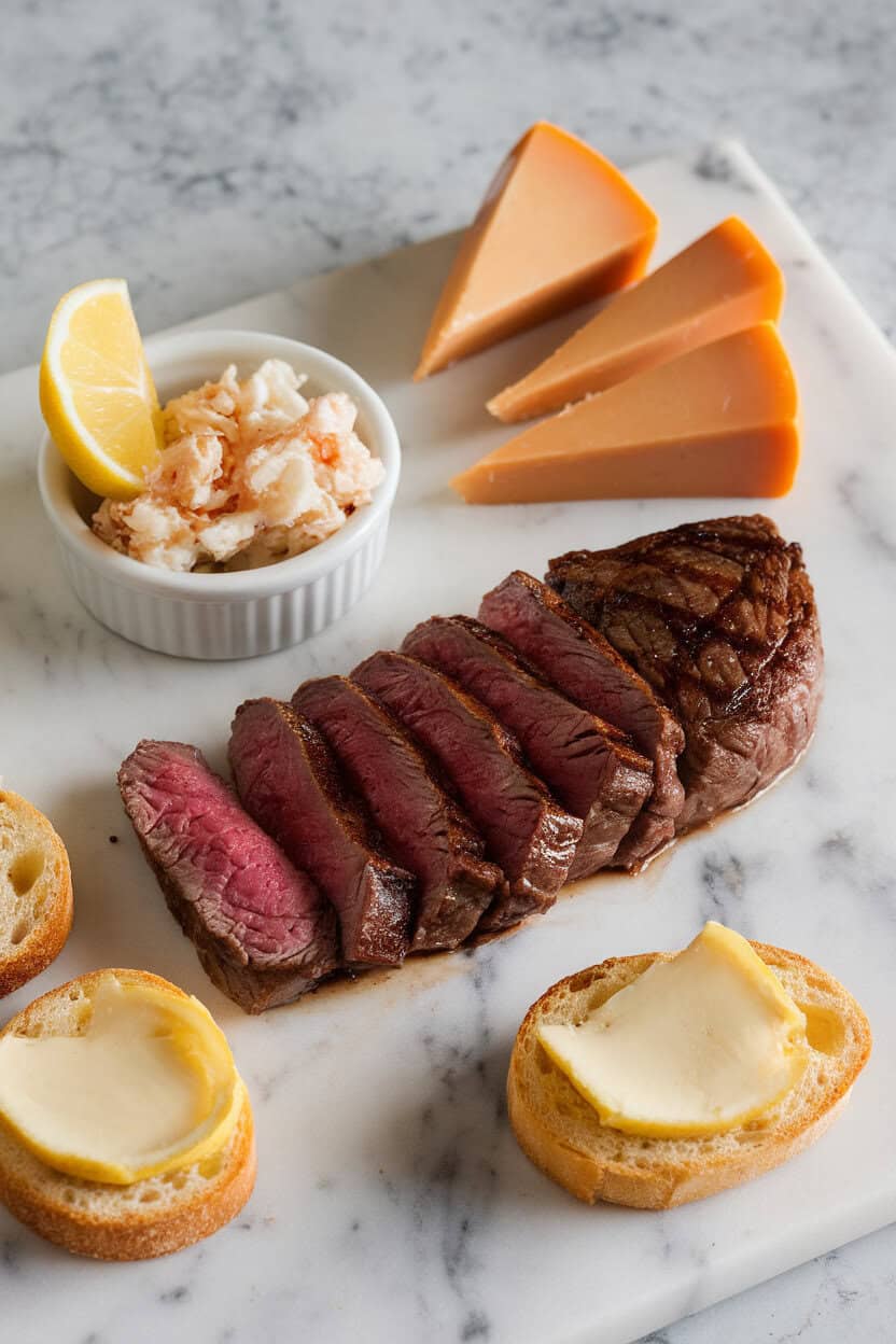 Indoor photo of sliced cooked steak, flaked cooked crab meat in a small bowl with lemon, smoked gouda wedges, and buttered crostini on a marble board. No text or logos. Photo, not illustration.