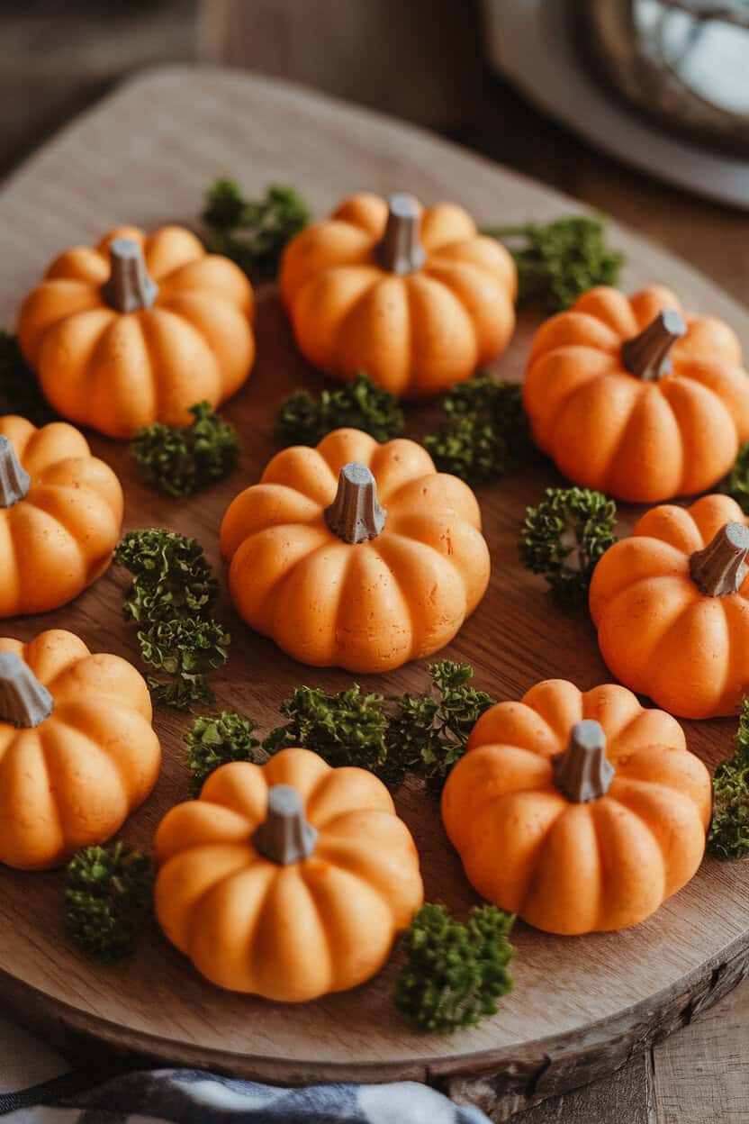 Photo taken indoors of several small orange Babybel cheeses scored lightly to mimic pumpkin ridges, arranged on a board with parsley stems. No text or logos visible.